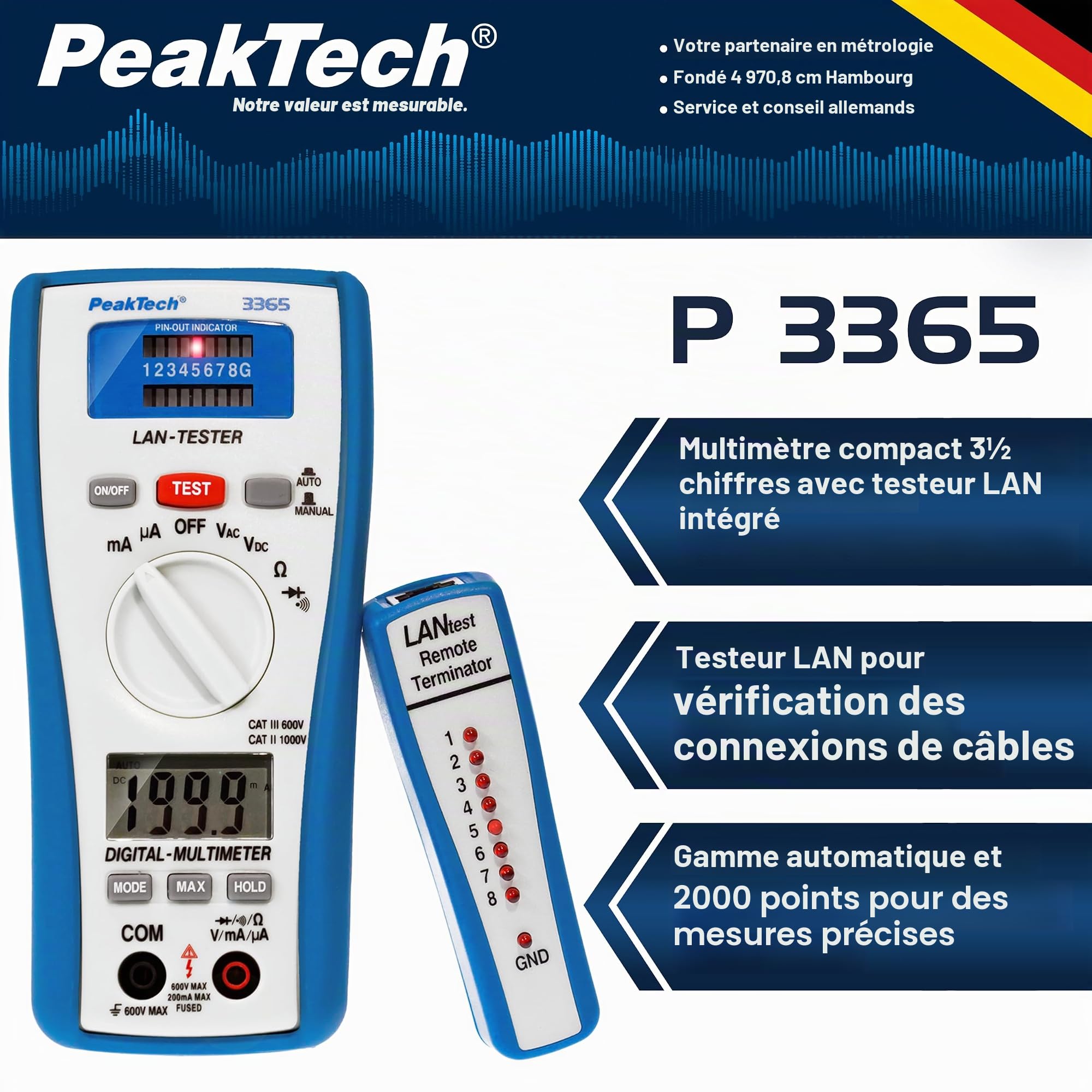 PeakTech 3365 - Multimètre Numérique RMS avec Testeur LAN, Testeur de réseau, Testeur de tension, Multimètre Portable, Testeur de Câble, Voltmètre, Testeur de Continuité, Câble de Terre - 600V