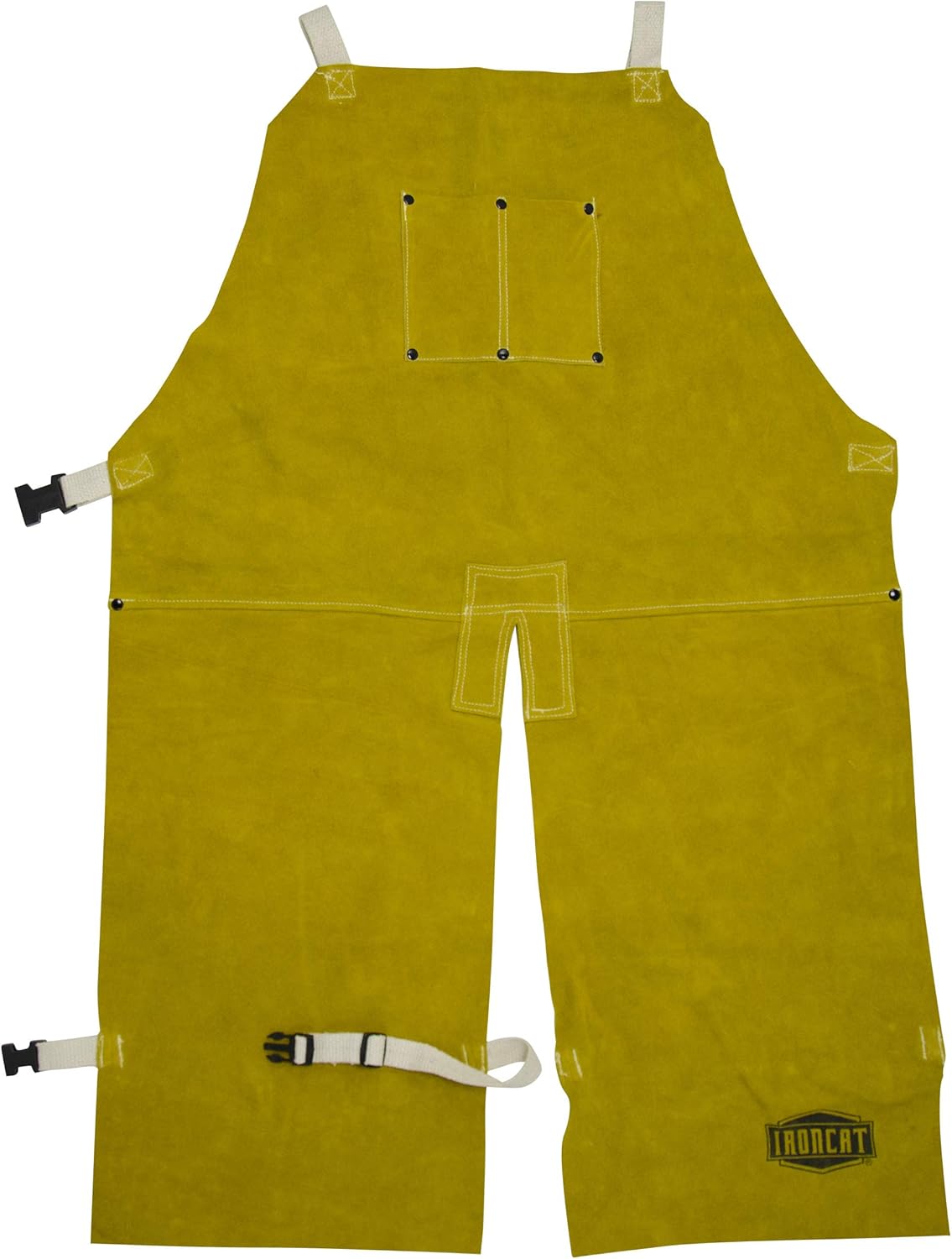 Ironcat Leather Split Leg Welding Apron, Para-Aramid Stitched, Adjustable Cotton Straps, Gold