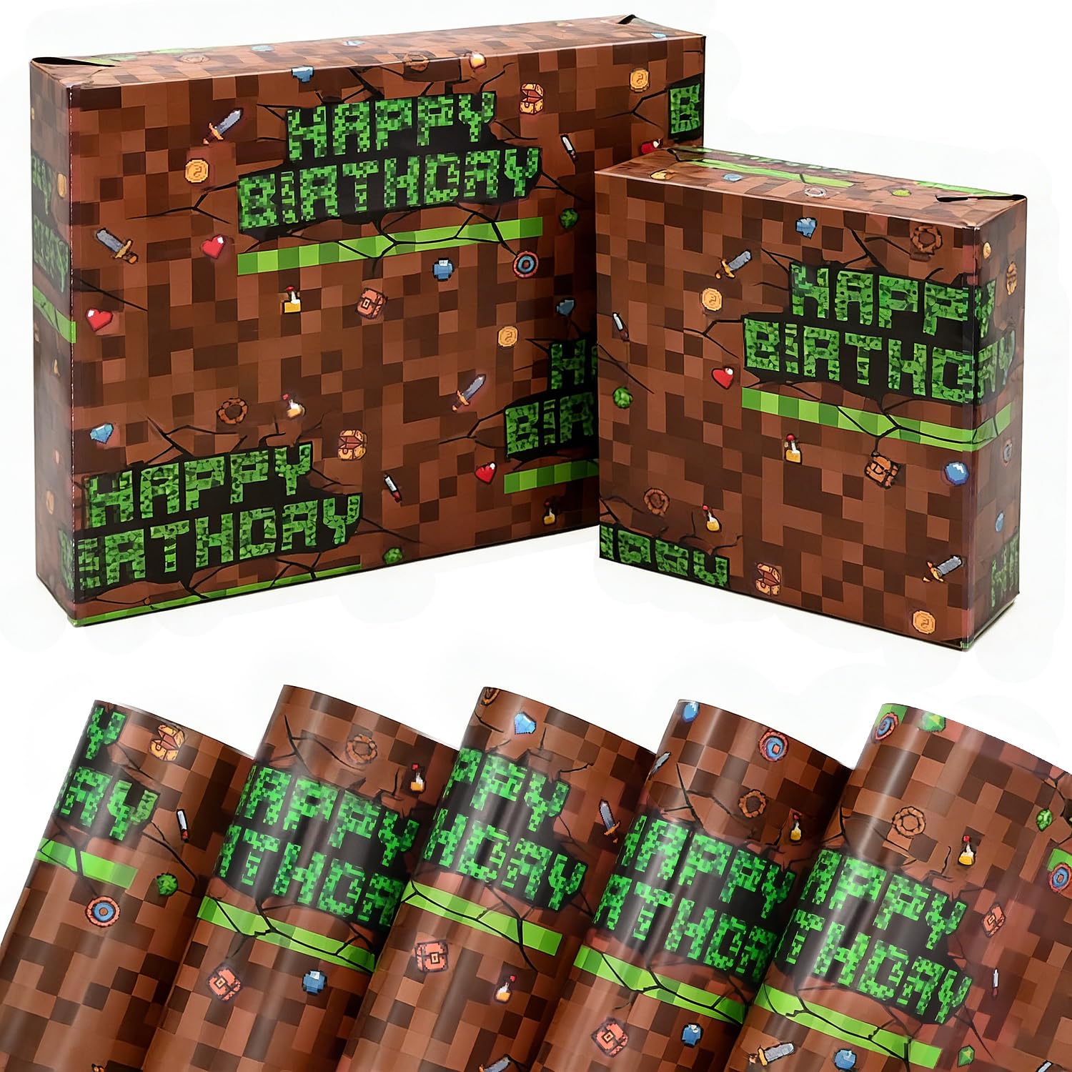 Boys Birthday Wrapping Paper,5 Sheets 50x70cm Pixel Wrapping Paper,Video Game Green and Brown Wap for Boys Men Gamers Birthday