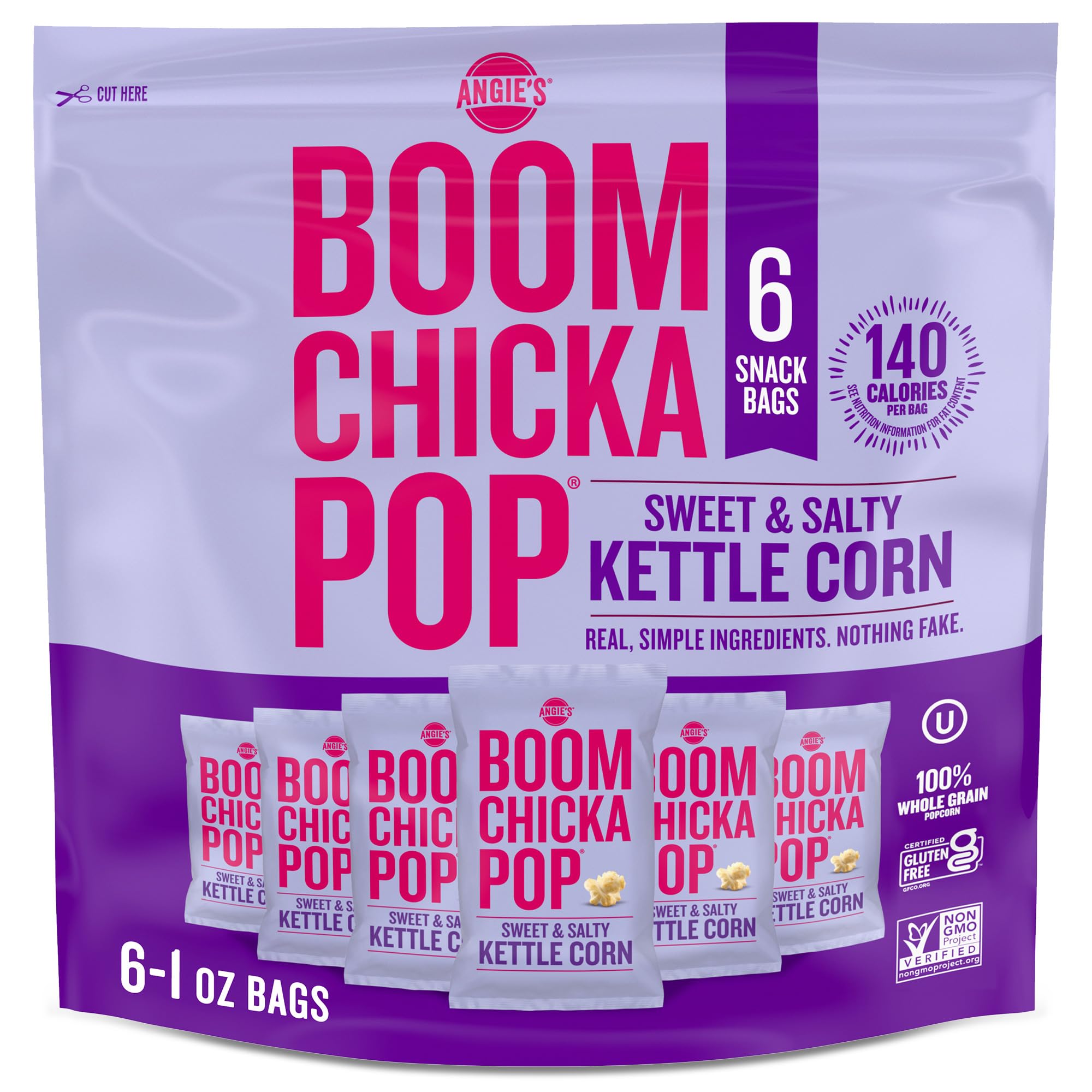 Angie’s BOOMCHICKAPOP Sweet & Salty Kettle Corn Popcorn, 1 oz. Individual Bag, 6-Count