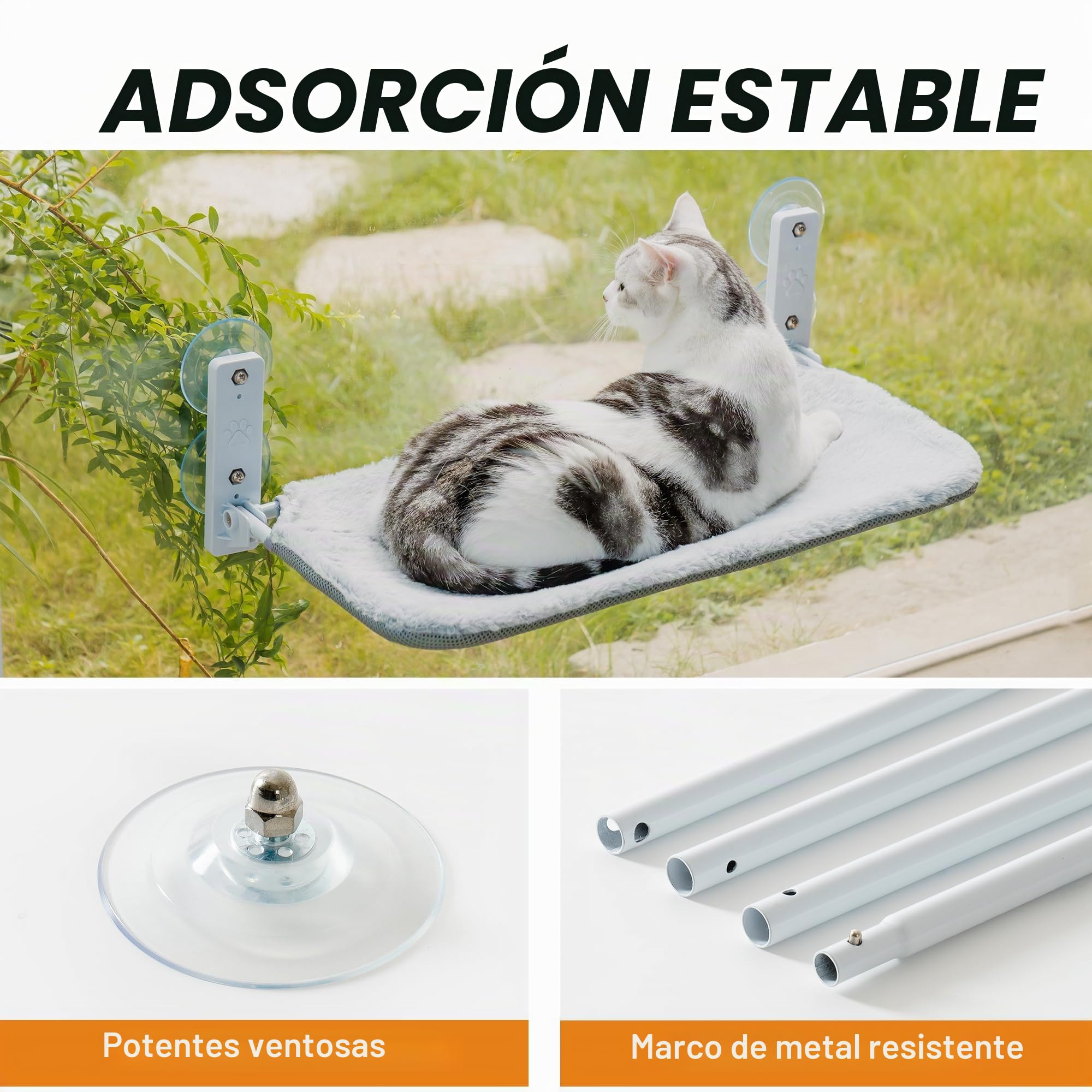 EDAGNY Hamaca para Gato Ventana Confort con Alfombra Reversible y Lavable - 54x30cm Hamaca para Gato Cama Ventana Estructura Metálica Resistente Soporta 18kg, Gris M