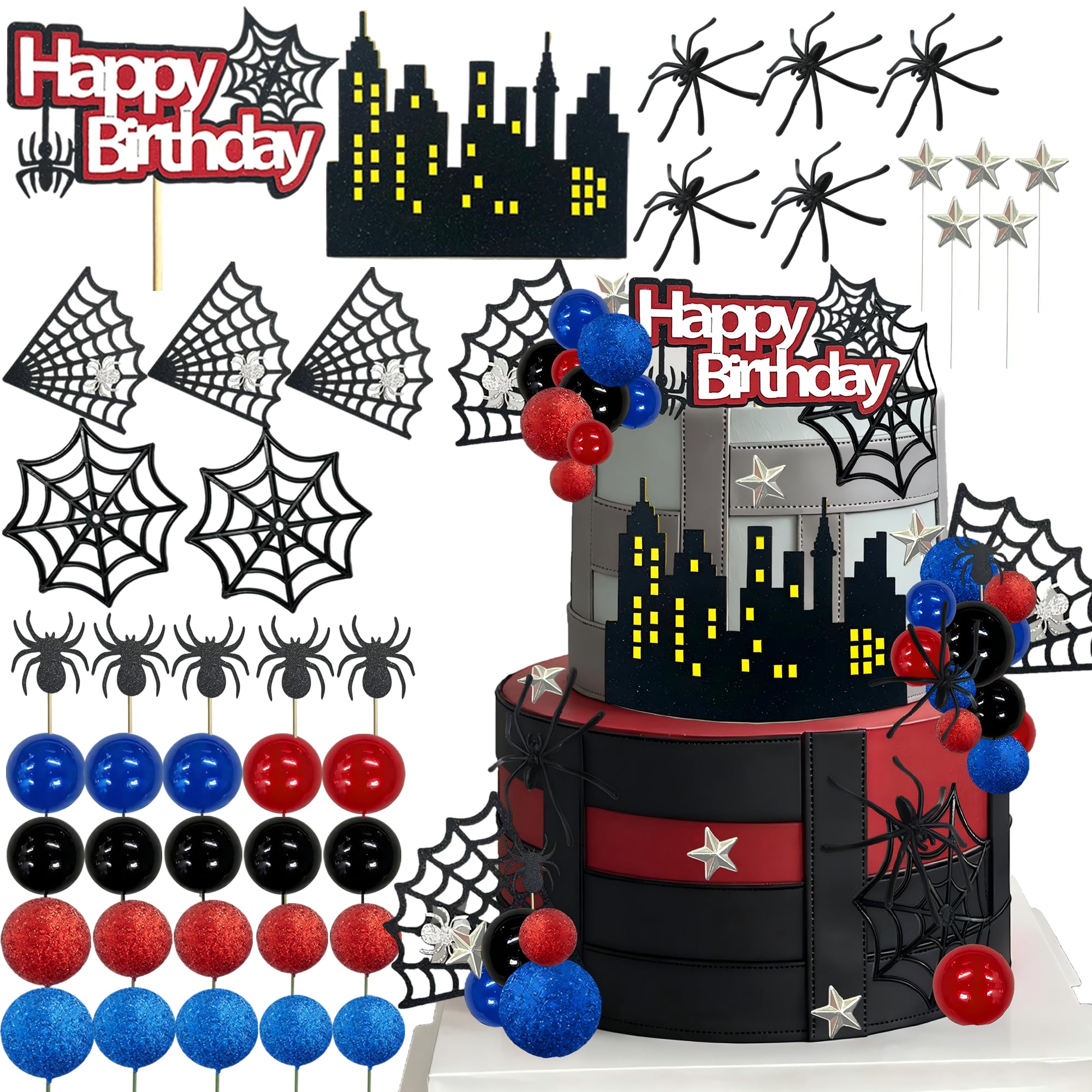 Tyotrbs Spider Cake Topper Decoration Superhero Party Favors Cupcake Decor Spider Cake Decoration Spider Birthday Party (Red)