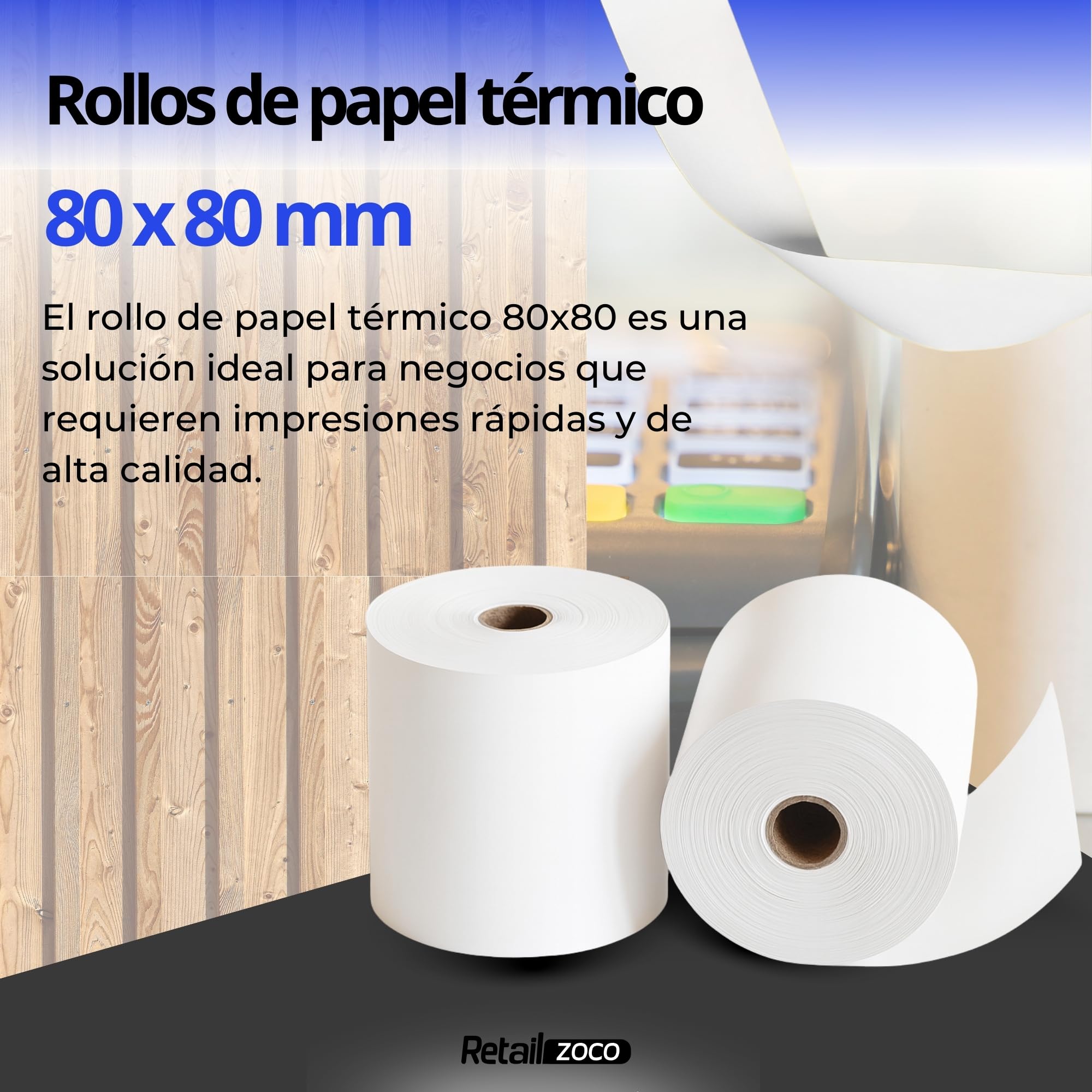 Rollos de papel térmico, Papel Impresora Térmica, Rollo de Recibo Térmico, Apto para Impresora EPOS, Terminal POS, Datafono, Caja Registradora, Báscula, Tamaño 80x80 mm, Pack de 32 rollos