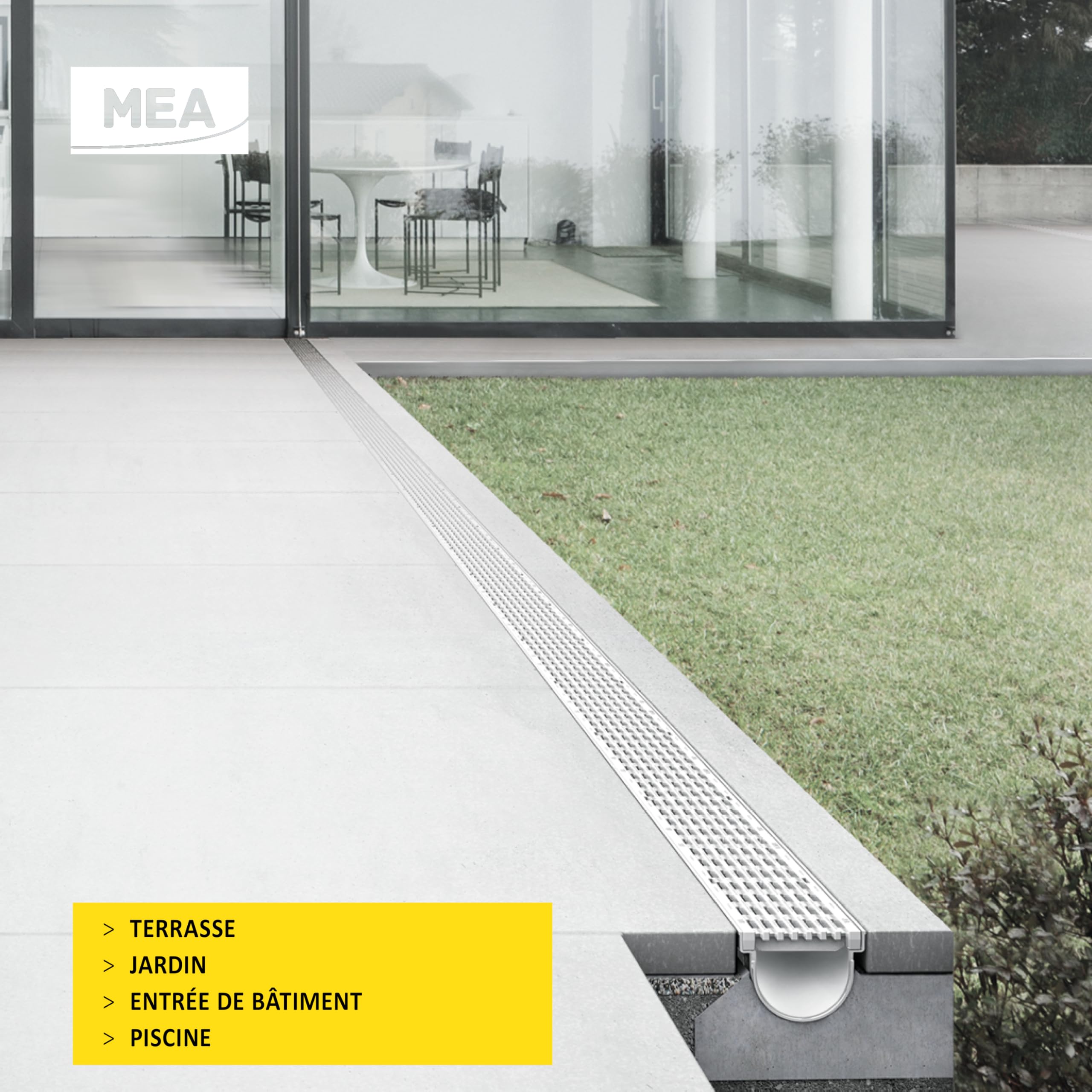 MEA Pack de 6 Caniveaux Extérieurs DECOLINE – Grille en Plastique Recyclé Gris – Drainage Terrasse, Piscine, Jardin – Classe A15 Piéton – Largeur utile 10 cm