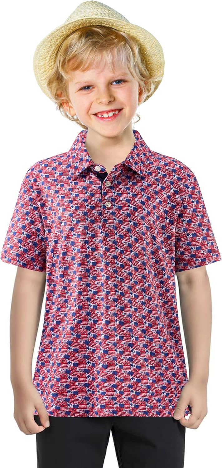 Youth Golf Shirts for Boys Performance Short Sleeve Polo Quick Dry Collared Printed Kids Polo Shirts for Boy