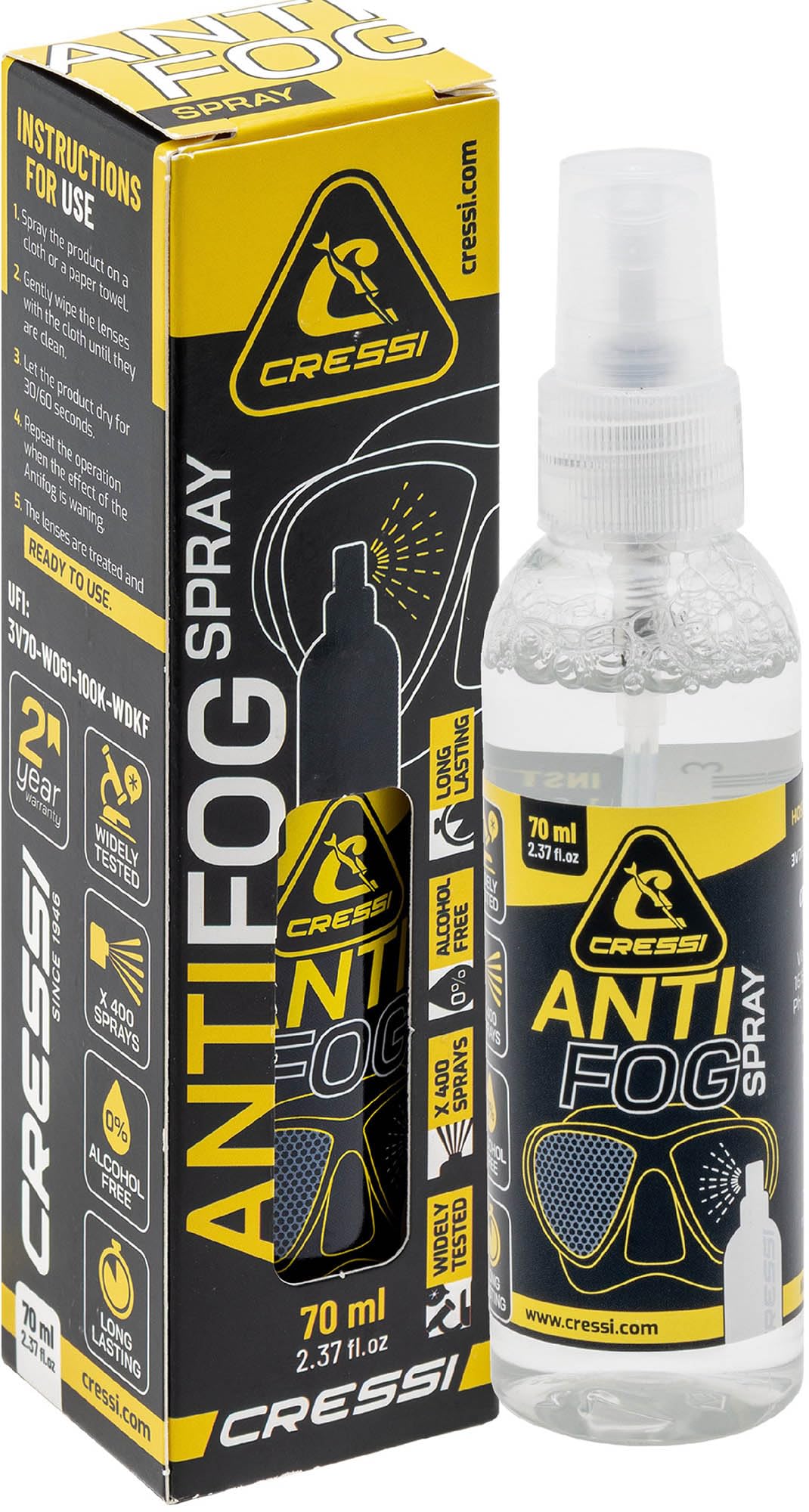 Cressi Depuis 1946 - Anti Fog Spray 70 ML pour Masques de Plongée et Lunettes de Natation, Transparent,1 Pack de 70 ML, Adulte Unisex