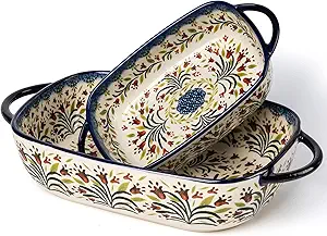 Ceramic Rectangular Baking Dishes - 2pc Blue Casserole Set for Oven, Lasagna Pans