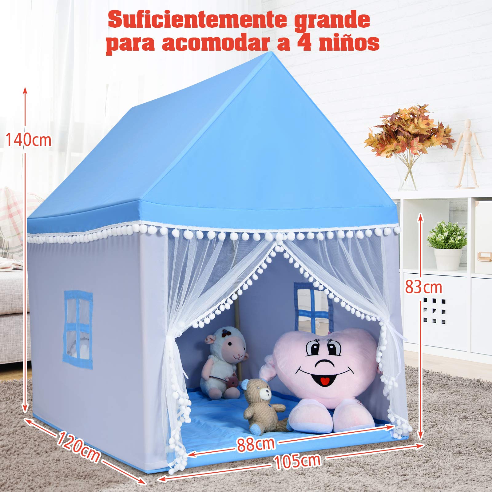 COSTWAY Casa de Juegos para Niños Tienda de Campaña para Niños Casita Infantil con Marco de Madera,Manta de Algodón y Techo Castillo Juguete para Niños 120x105x140 centímetros (Azul)
