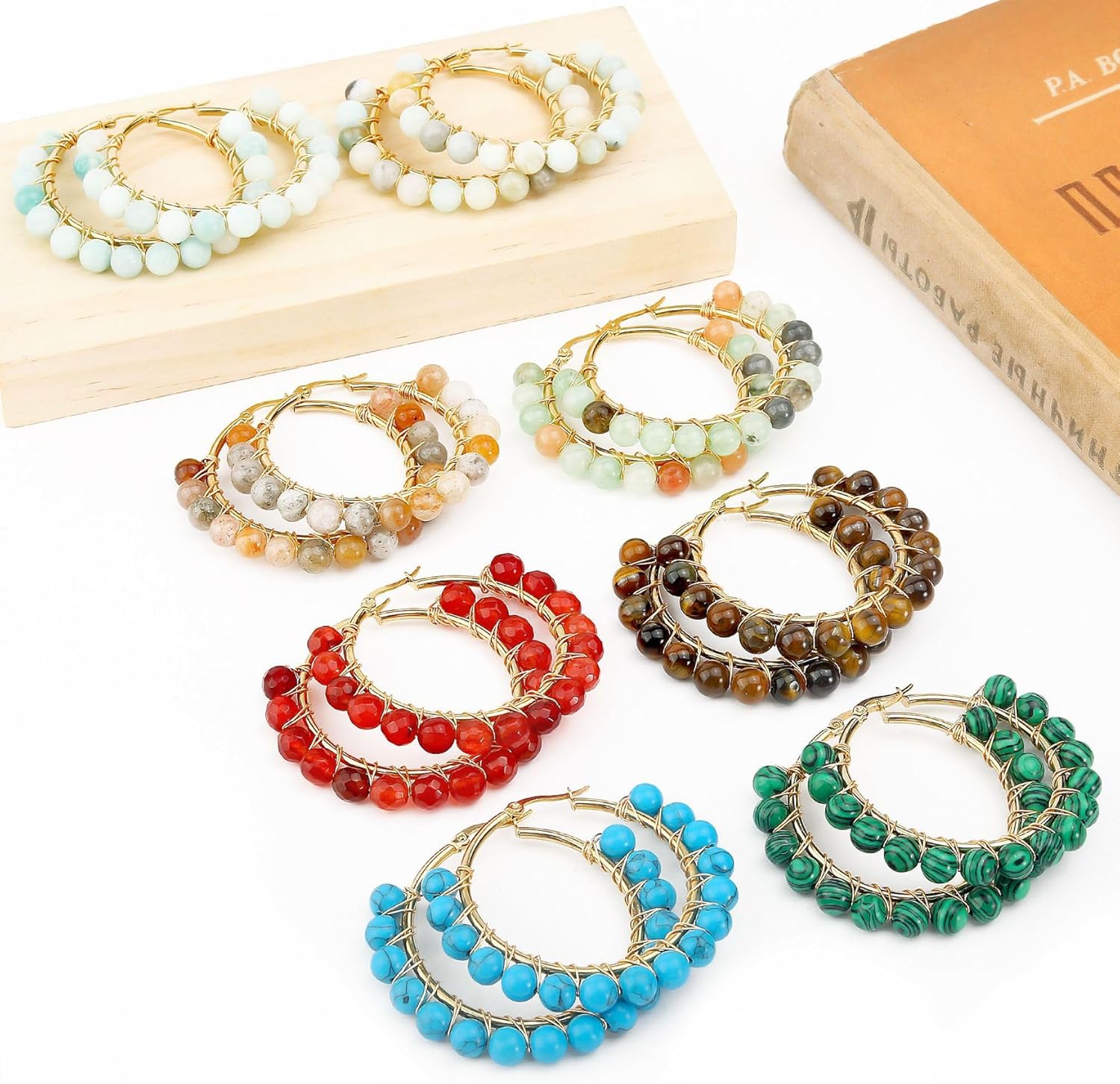 Rockyu Womens Natural Stone Turquoise White Moonstone Hoop Earrings Gold Wire Wrap Big Earrings Gift Birthday Christmas - Image 2