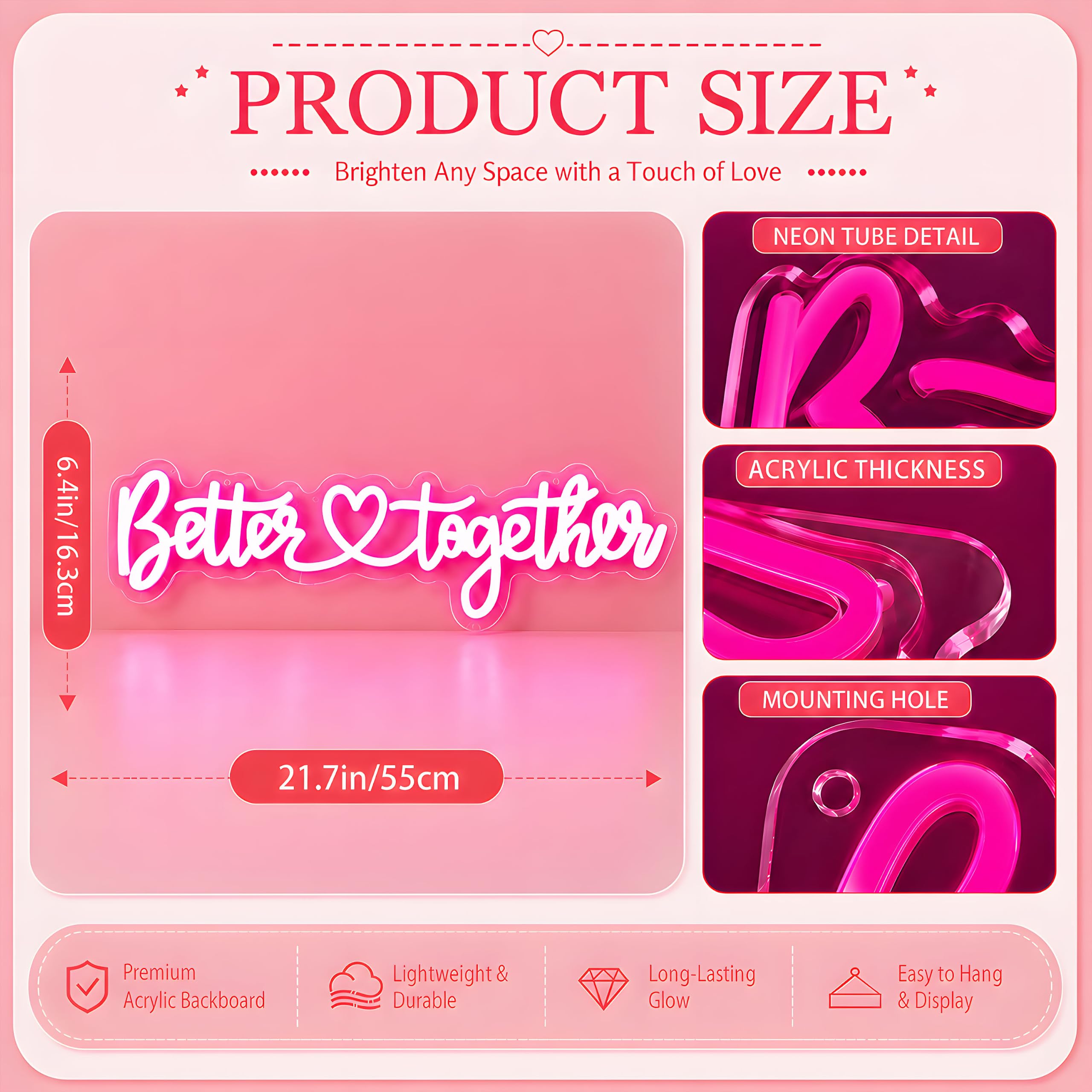 Better Together Neonschild für Wanddekoration, USB-betrieben, dimmbar, rosa Schrift, LED-Wortlicht für Hochzeit, Verlobung, Party, Brautparty, Schatz, Tisch, Paar, Geschenk