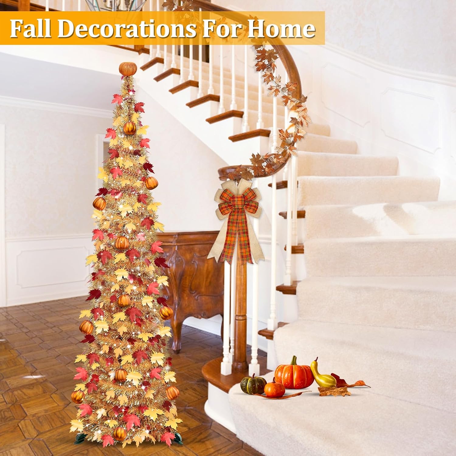 5 FT Fall Tree Fall Decor, Pop Up Tinsel Maples Tree with 50 Warm White Lights Orange Pumpkins Battery Operated Lighted Halloween Tree Fall Decorations for Home Harvest Thanksgiving Party Indoor