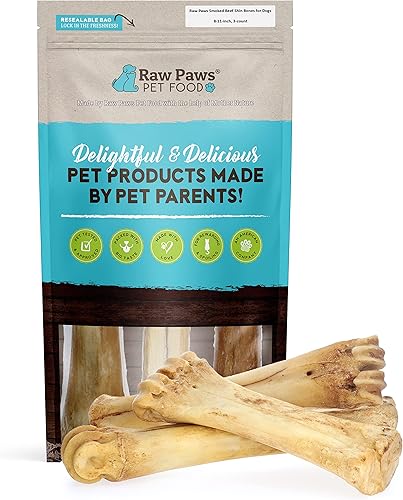 Raw Paws Espinilleras de carne ahumada para perros, 8 pulgadas, 3 unidades, fabricadas en Estados Unidos, de corral, alimentadas con pasto, ahumadas