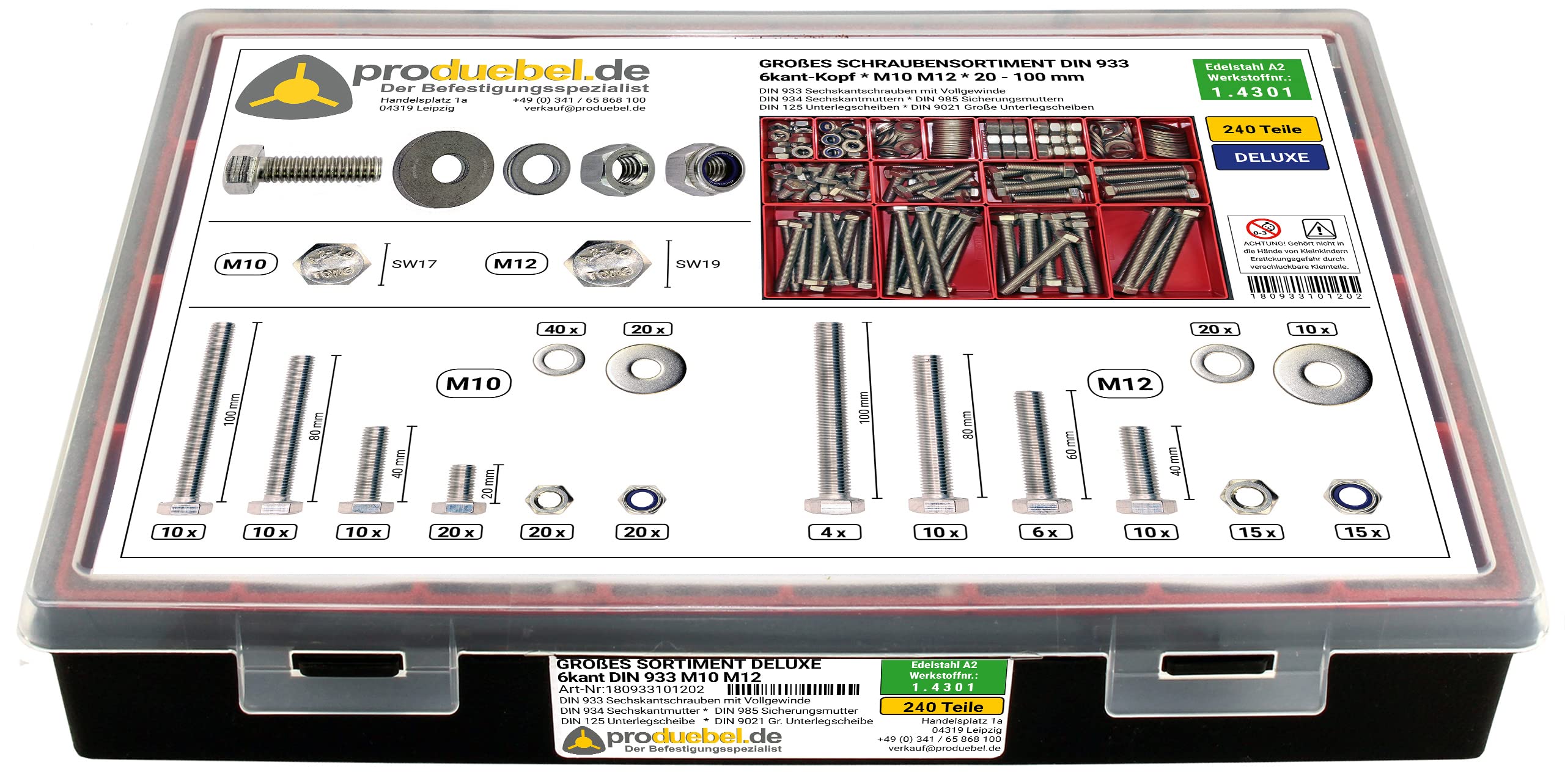 Großes Schrauben-Sortiment DIN 933 M10/M12 Edelstahl A2 V2A (DIN933+934+985+125+9021) 240-tlg (Deluxe-Box)