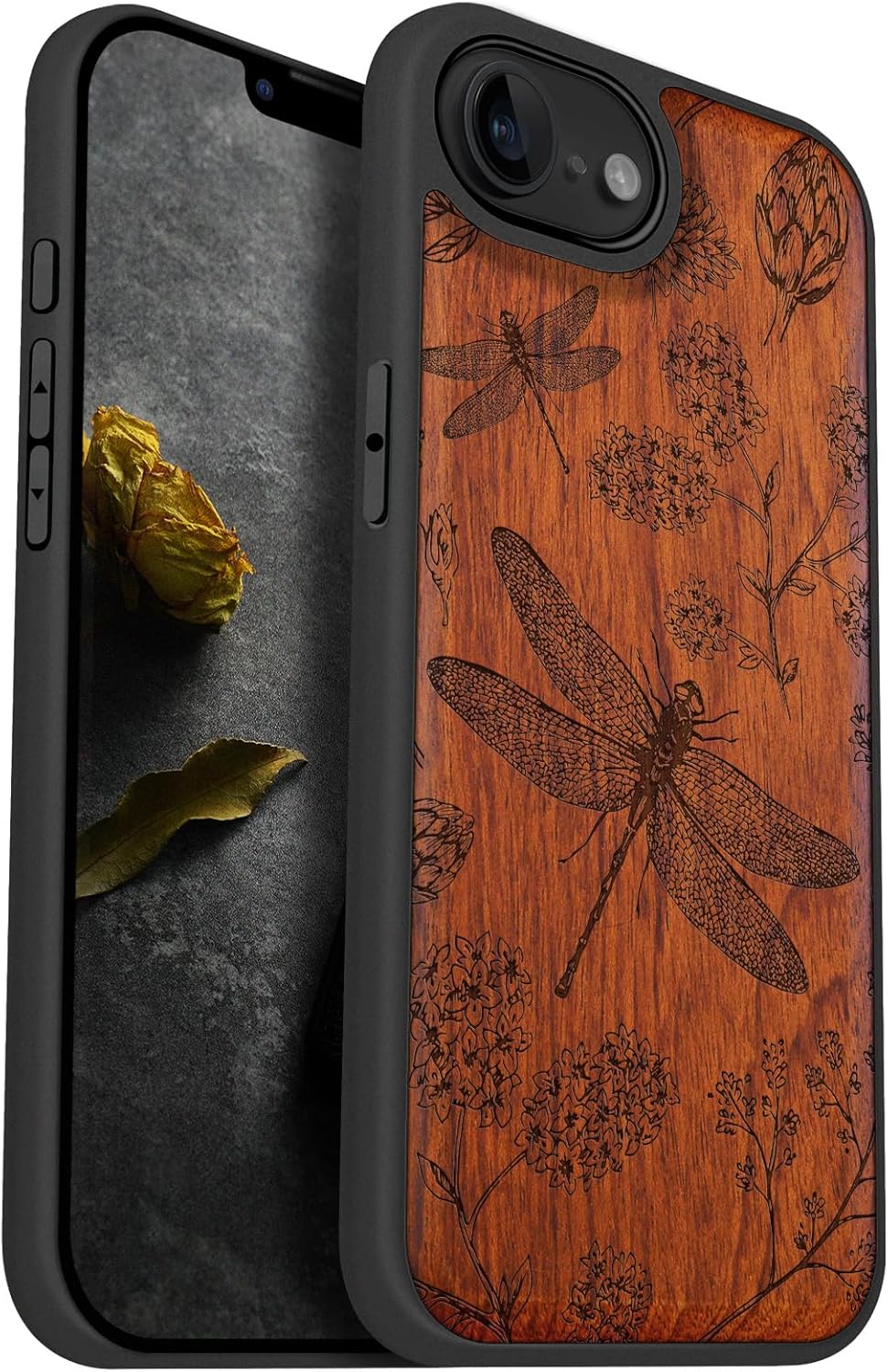 Carveit Magnetic Wooden Case for iPhone 16e / 17e, Solid Wood & Black TPU, Artisan Engraved Design, Shockproof Cover, Compatible with MagSafe Wireless Chargers, The Dragonfly Dance - Rosy