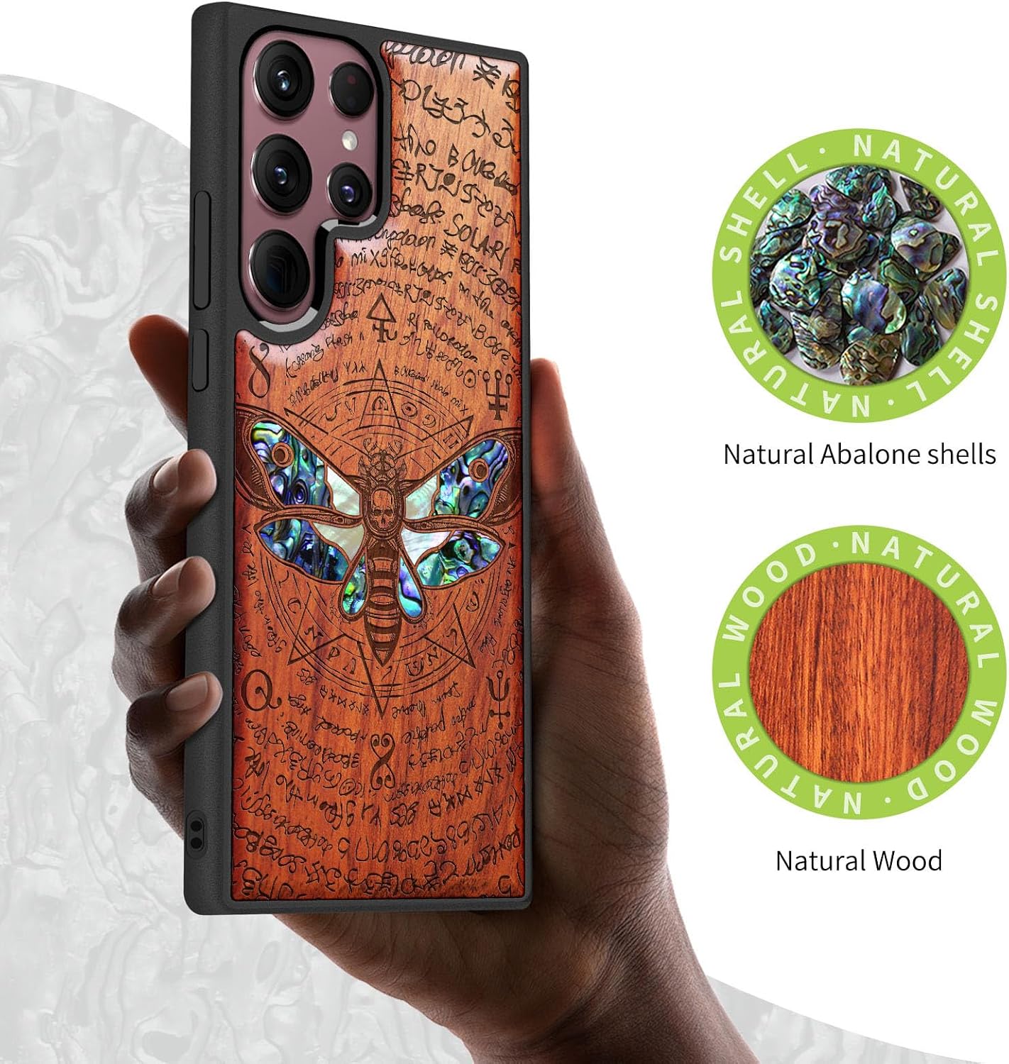 Carveit Wooden Cover for Samsung Galaxy S22 Ultra Case [Wood Engraving & Shell Inlay] Wood Phone Case Compatible with Wireless Chargers Galaxy S22 Ultra (Death's Head Moth-Rosy)