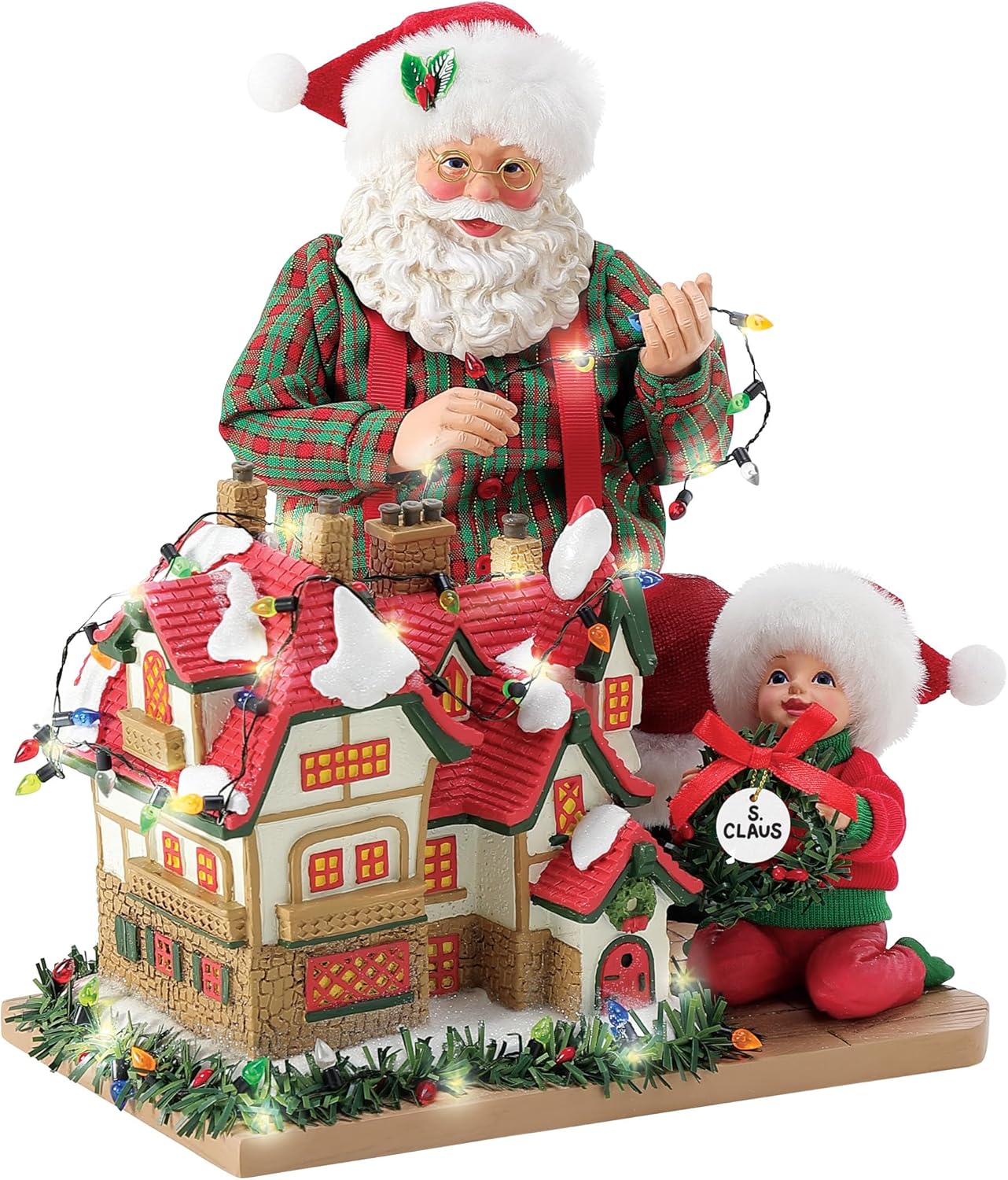 Department 56 Possible Dreams Christmas Traditions Santa Decorating House Light Up 2-Piece Figurine Set, 8.5 Inch, Multicolor