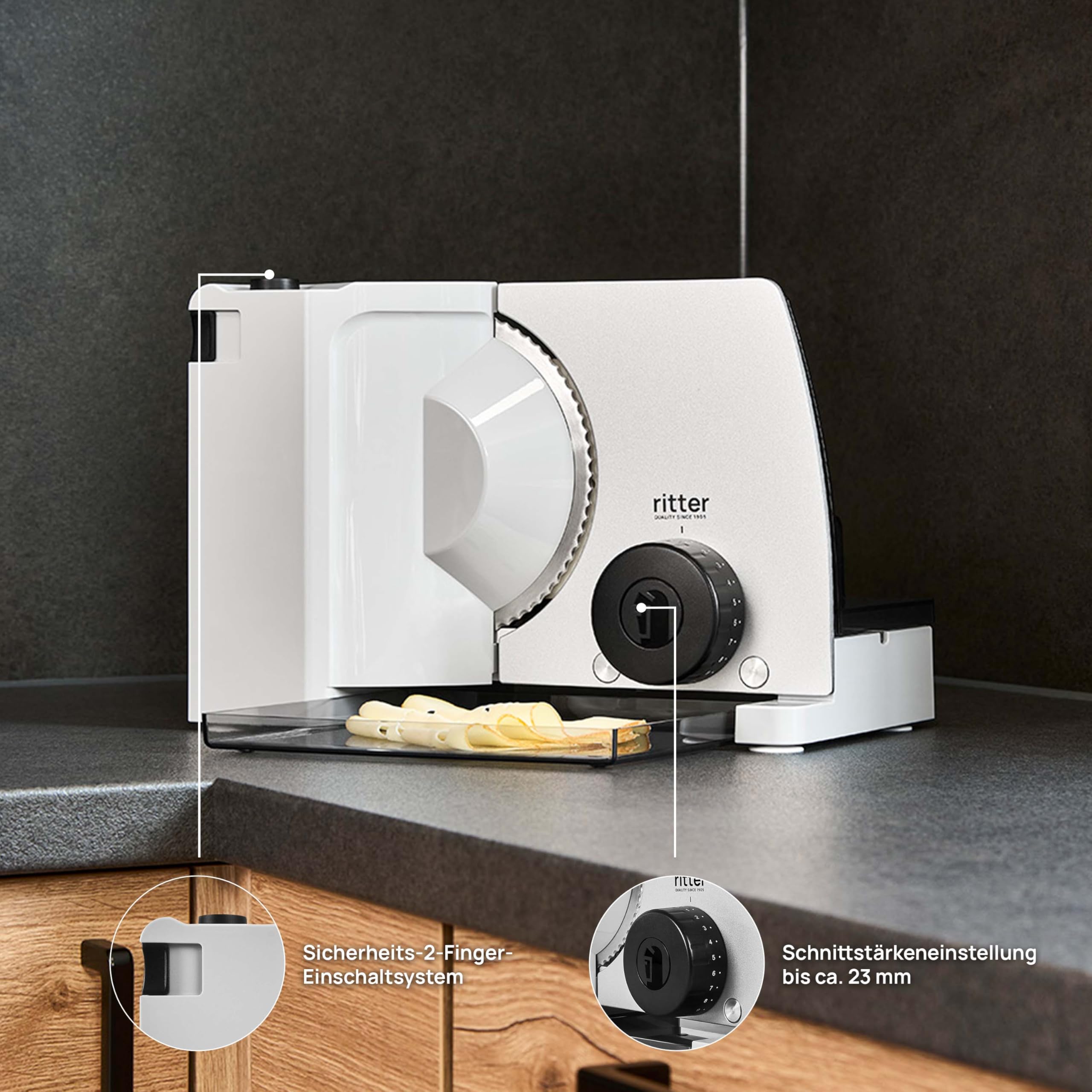 ritter compact 7 Affettatrice elettrica universale, metallo, lama dentata, spessore regolabile fino a 23 mm, per pane formaggio frutta verdura