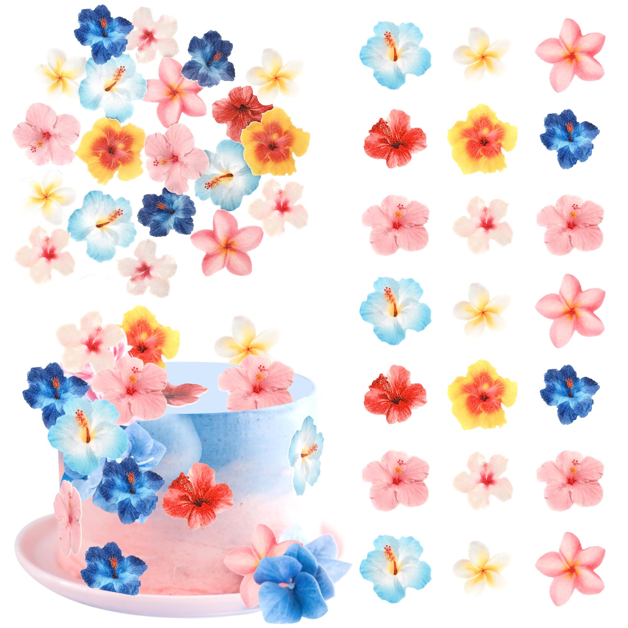 56 PCS Edible Flowers Cupcake Toppers Wafer Paper Flower Birthday Party Decorations Edible Hibiscus Wildflower Cupcake Picks for Baby Shower Wedding Birthday Party Cake Food Decorations Supplies