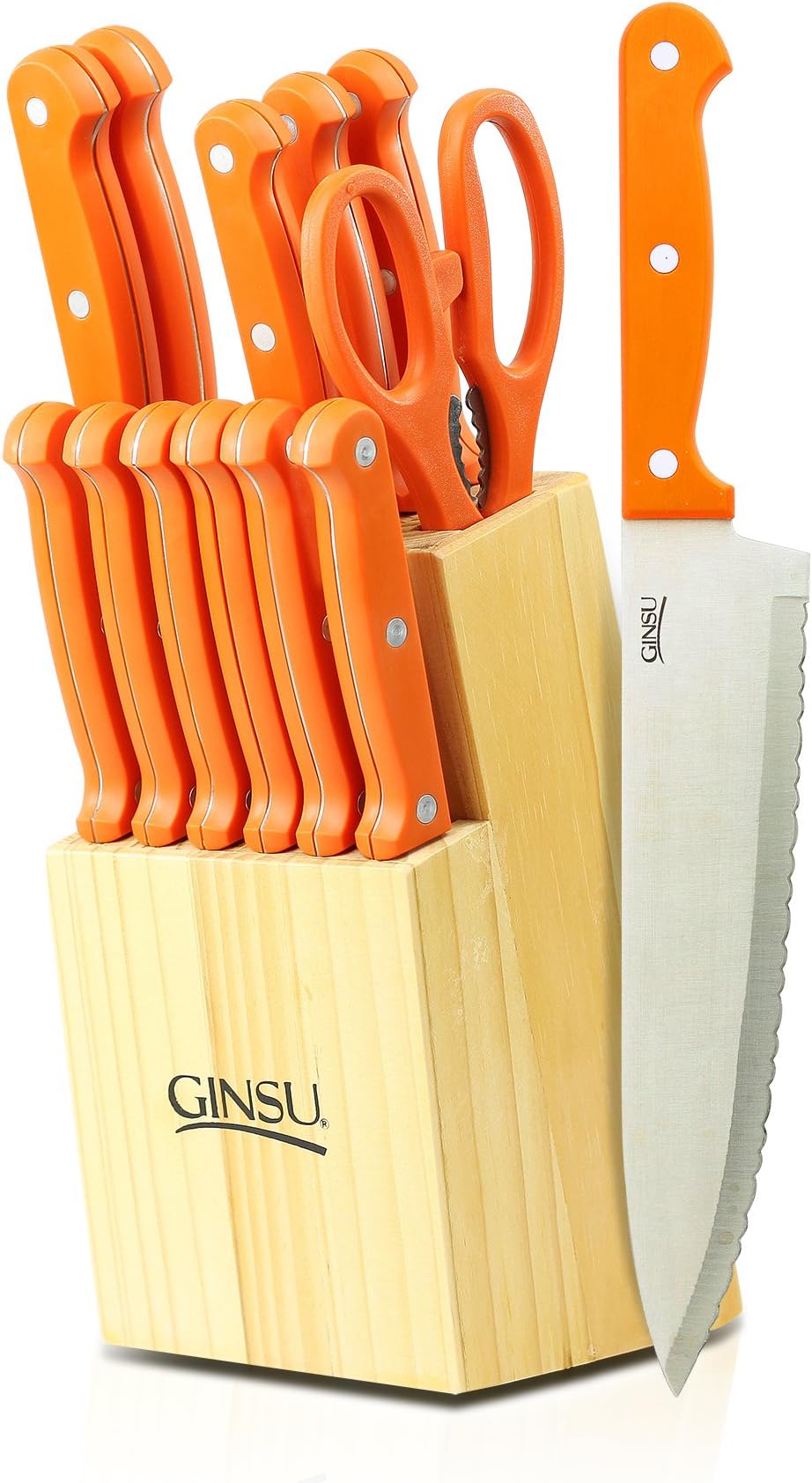 Ginsu Essential Series 14-Piece Stainless Steel Serrated Knife Set – Cutlery Set with Orange Kitchen Knives in a Natural Block,