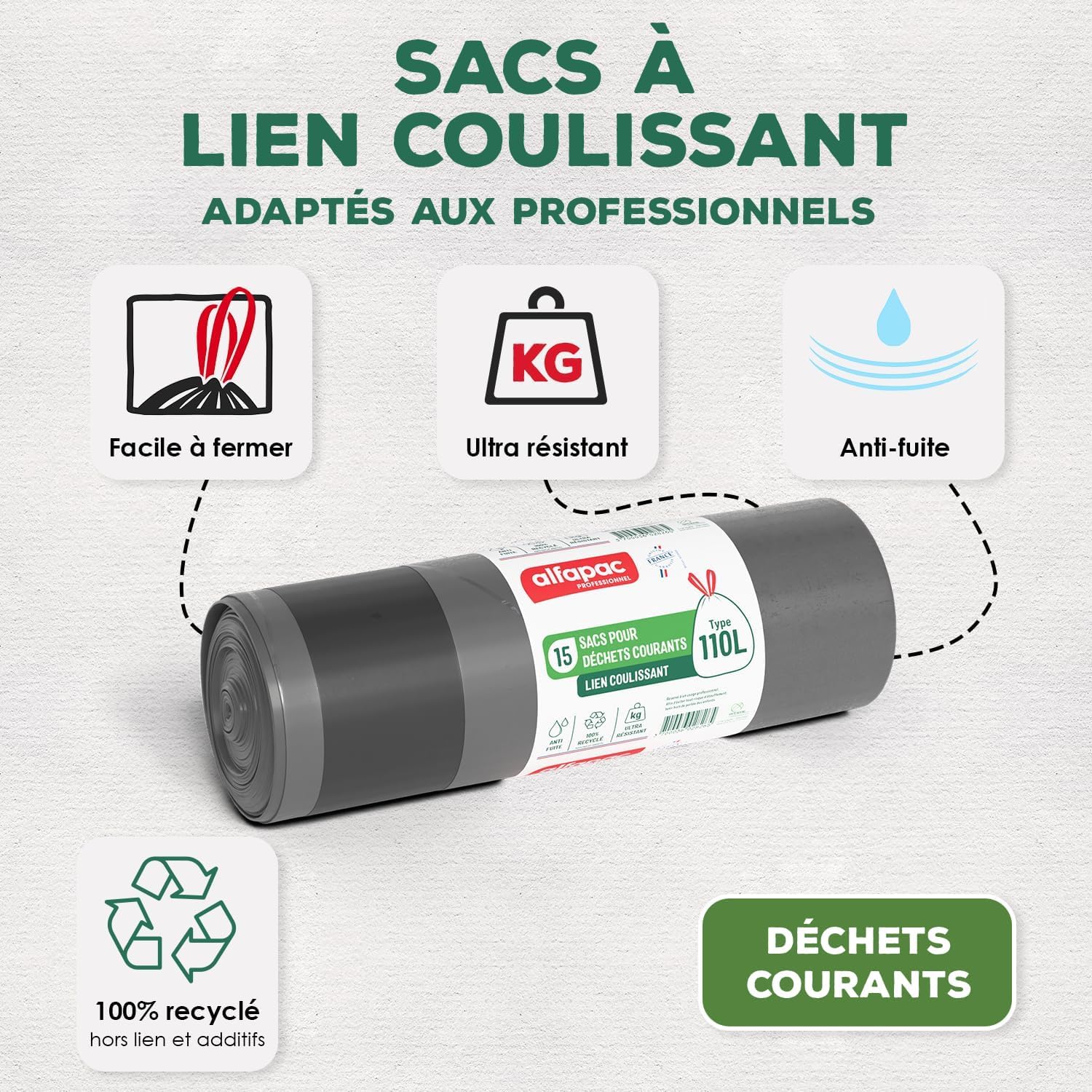 alfapac professionnel - Carton de 180 sacs-poubelle à lien - 110L | Ultra résistant - Etanche - 12 rouleaux de 15 sacs - Pour déchets courants