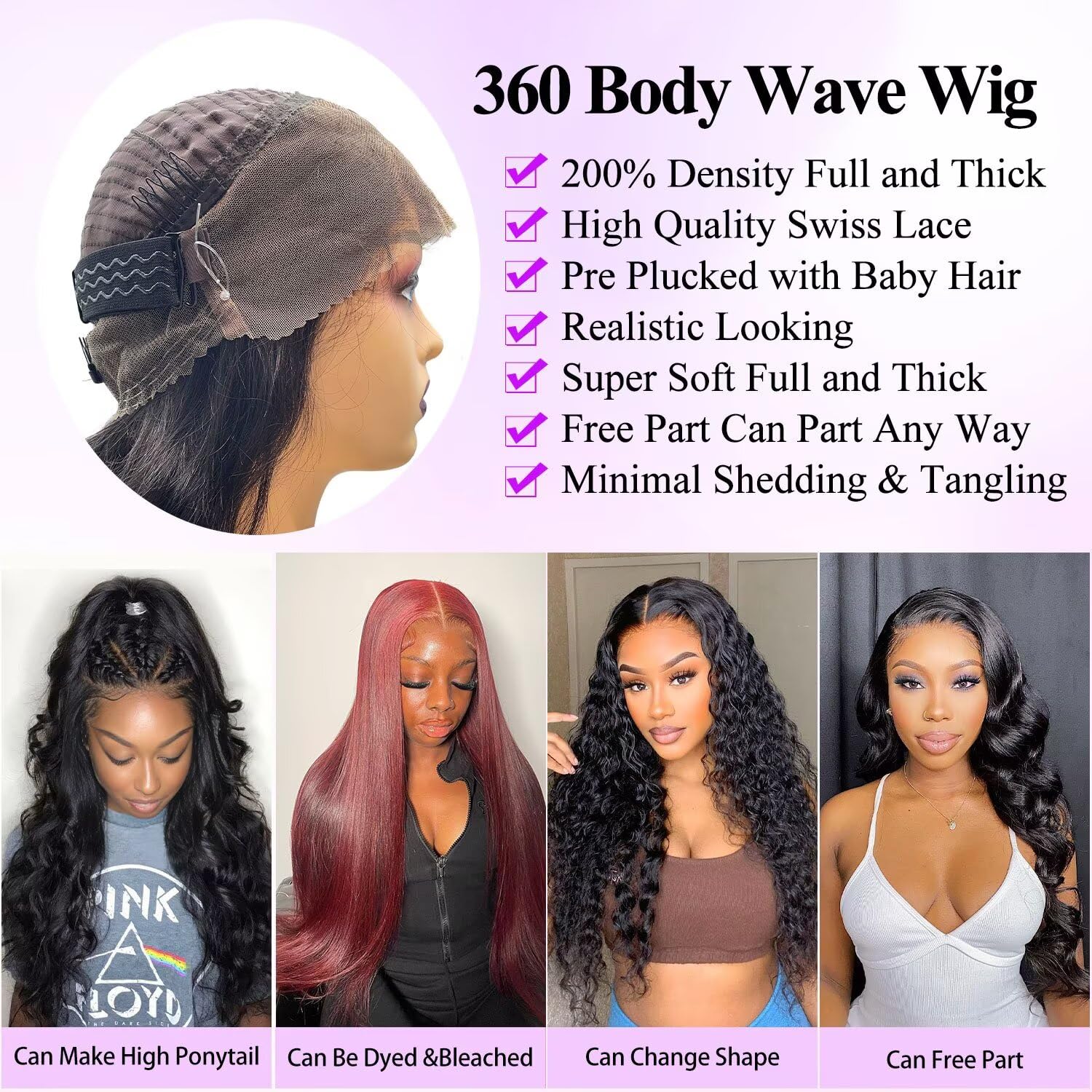 Aaliweya Body Wave 360 HD Full Lace Front Wigs Human Hair Body Wave Hidden Strap 200 Density Drawstring 360 Frontal Glueless Wig Pre Plucked for Women Natural Black Color 24inch