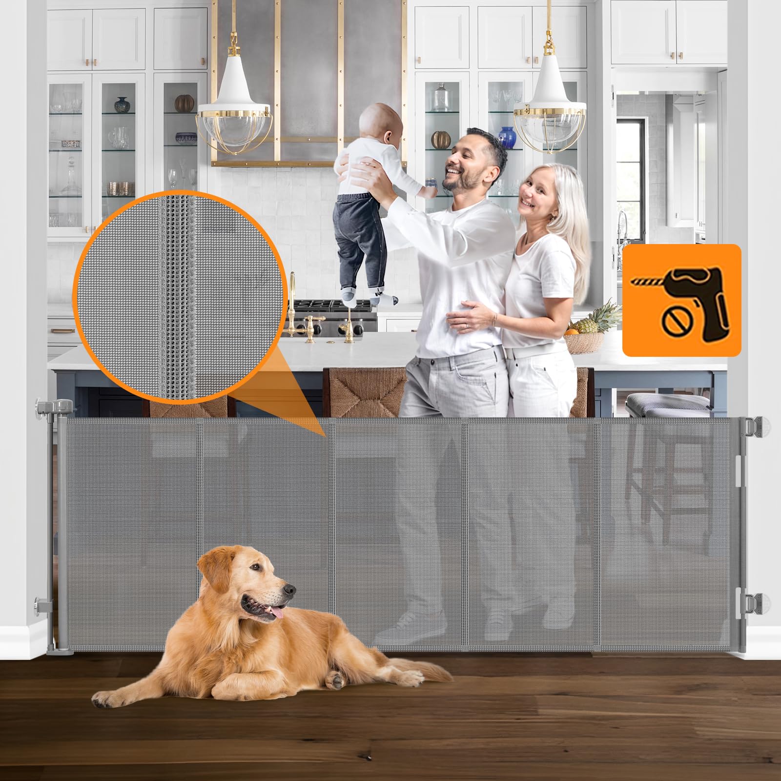 Reinforced No Drill 100" Wide Retractable Baby Gates for Doorways No Drilling Extra Long Baby Gates Indoor Extra Long Retractable Pet Gate for Stairs No Drilling Mesh Dog Gate Outdoor Retractable Gate