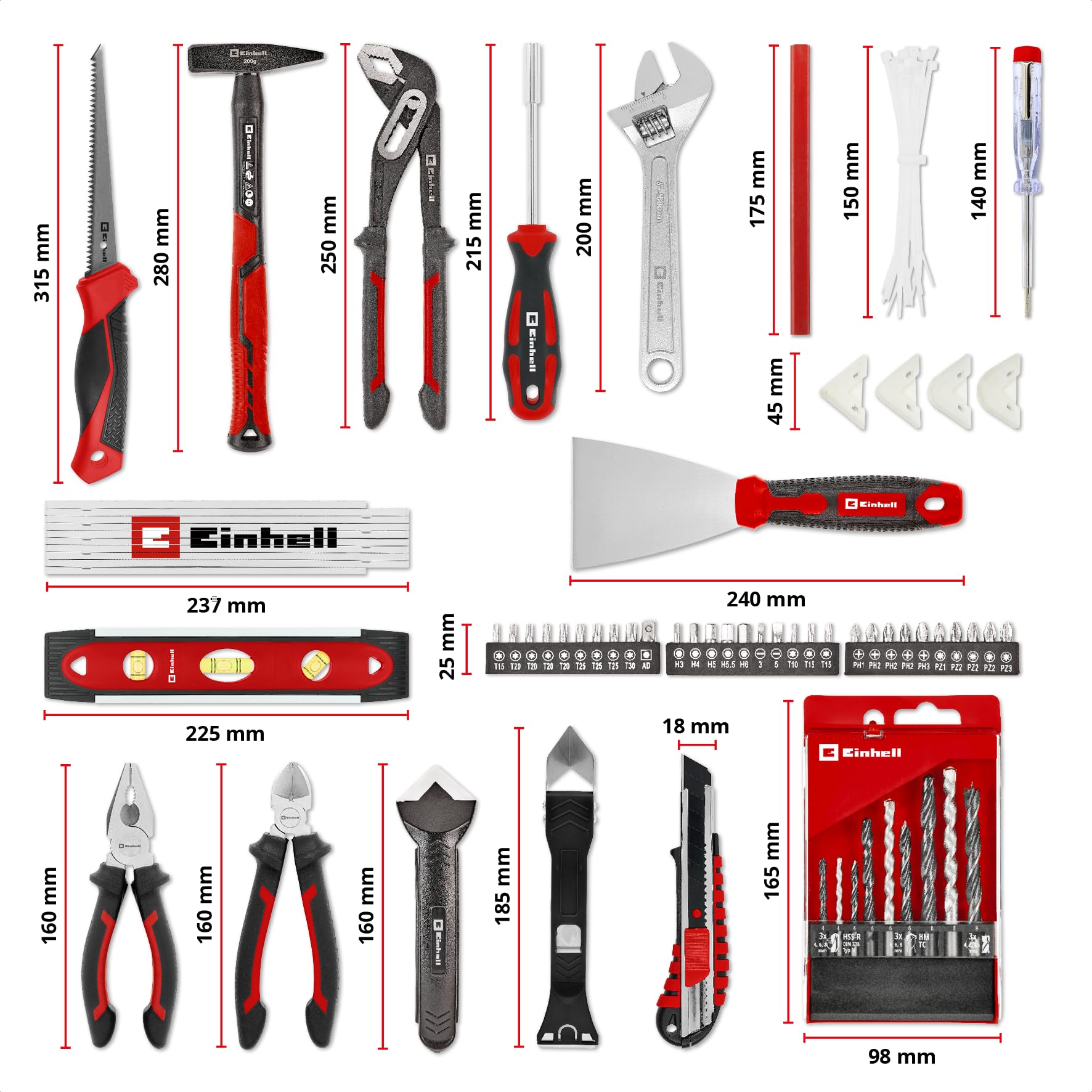 Original Einhell E-Case valigetta attrezzi 78 pezzi ristrutturazione (ristrutturazioni, punte trapano, inserti, utensile fughe, pinze, spatola, sega legno, chiave rullino, livella, valigetta sistema)