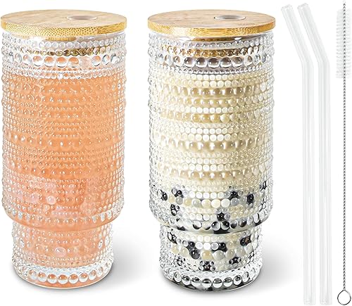 Juego de 2 vasos de 16 onzas con tapas de bambú, popotes, cepillo, juego de cristalería para jugo, café helado, cerveza y whisky 2 clavos de 16