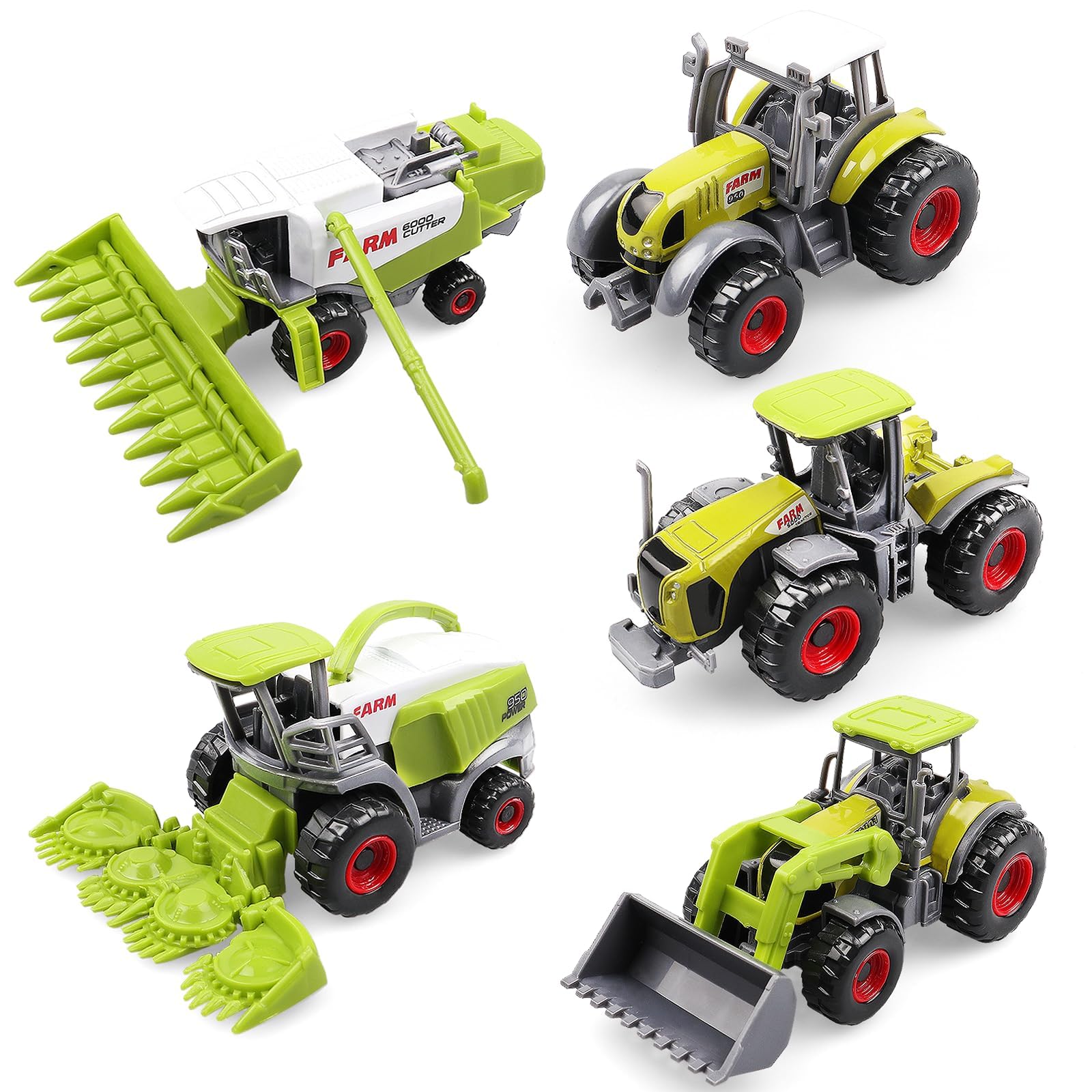 5 Pack Diecast Farm Tractor Toys – Mini Farm Vehicle Set with Combine Harvester, Forage Harvester & Trucks, Alloy with Plastic Parts Farm Tractors, Farm Play Toys for Kids Boys Girls Age 3+