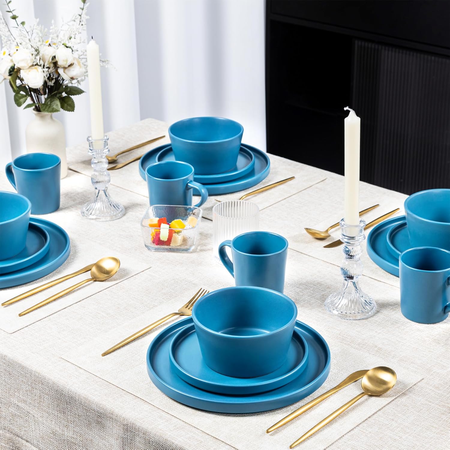 Plates and Bowls Sets for 4 - CJDC-QUELO 16 Piece Stoneware Dinnerware Sets with Mugs, Ceramic Dishware Sets for Kitchen Dining Use, Chip and Scratch Resistant Microwave Dishwasher Safe, Blue