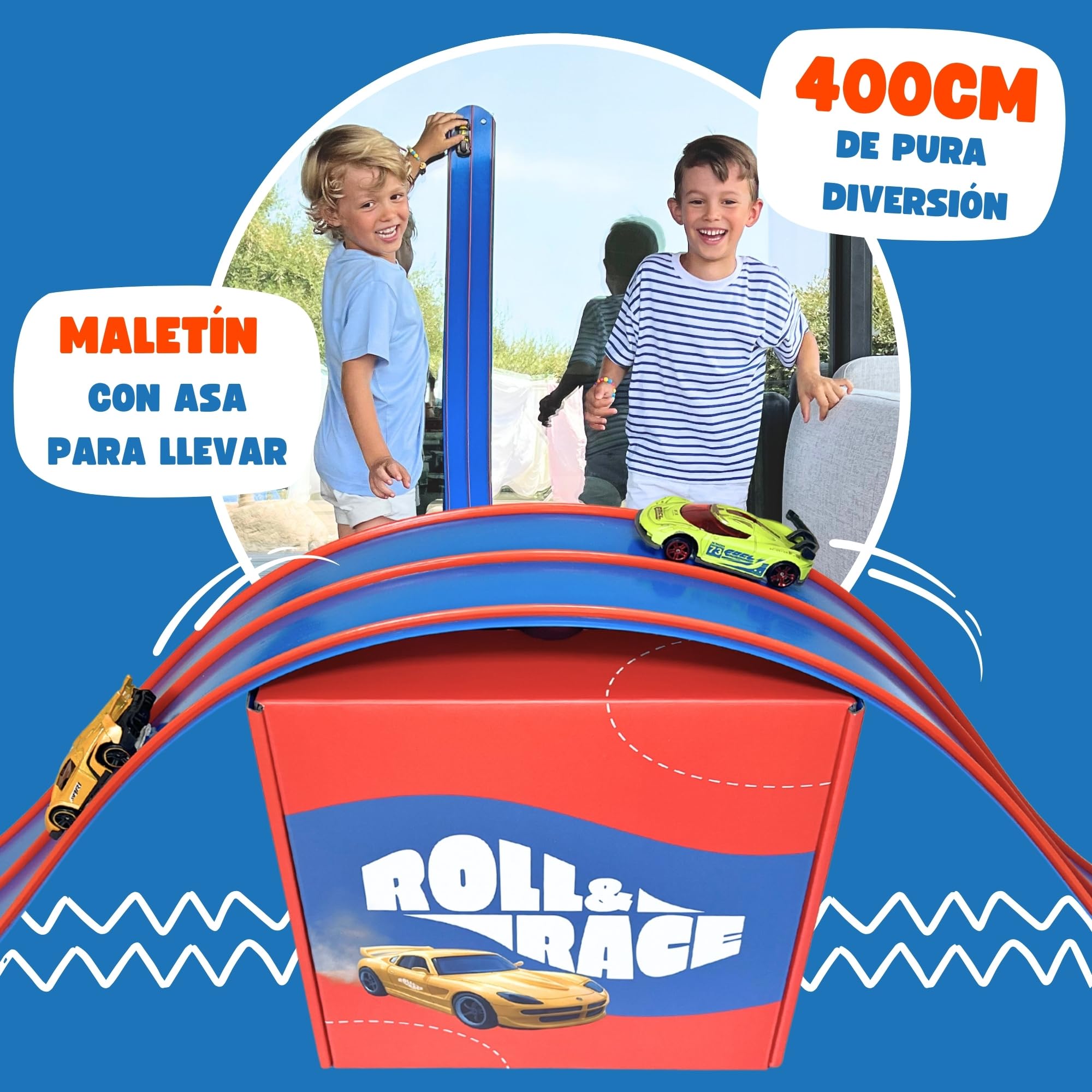 Roll&Race Pista de Coches Flexible y Enrollable 400cm – Fabricado en España - Circuito de Carreras de Goma - Flexible Car Track - Juguete Regalo Niño - Race Cars Wheels - Incluye Pieza Link&Race