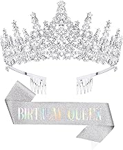 DRESHOW Birthday Crown and Sash for Women Birthday Queen Sash & Rhinestone Tiara Set Birthday Tiaras and Sashes for Girls Birthday Decorations Hair Accessories Glitter Sash for Party