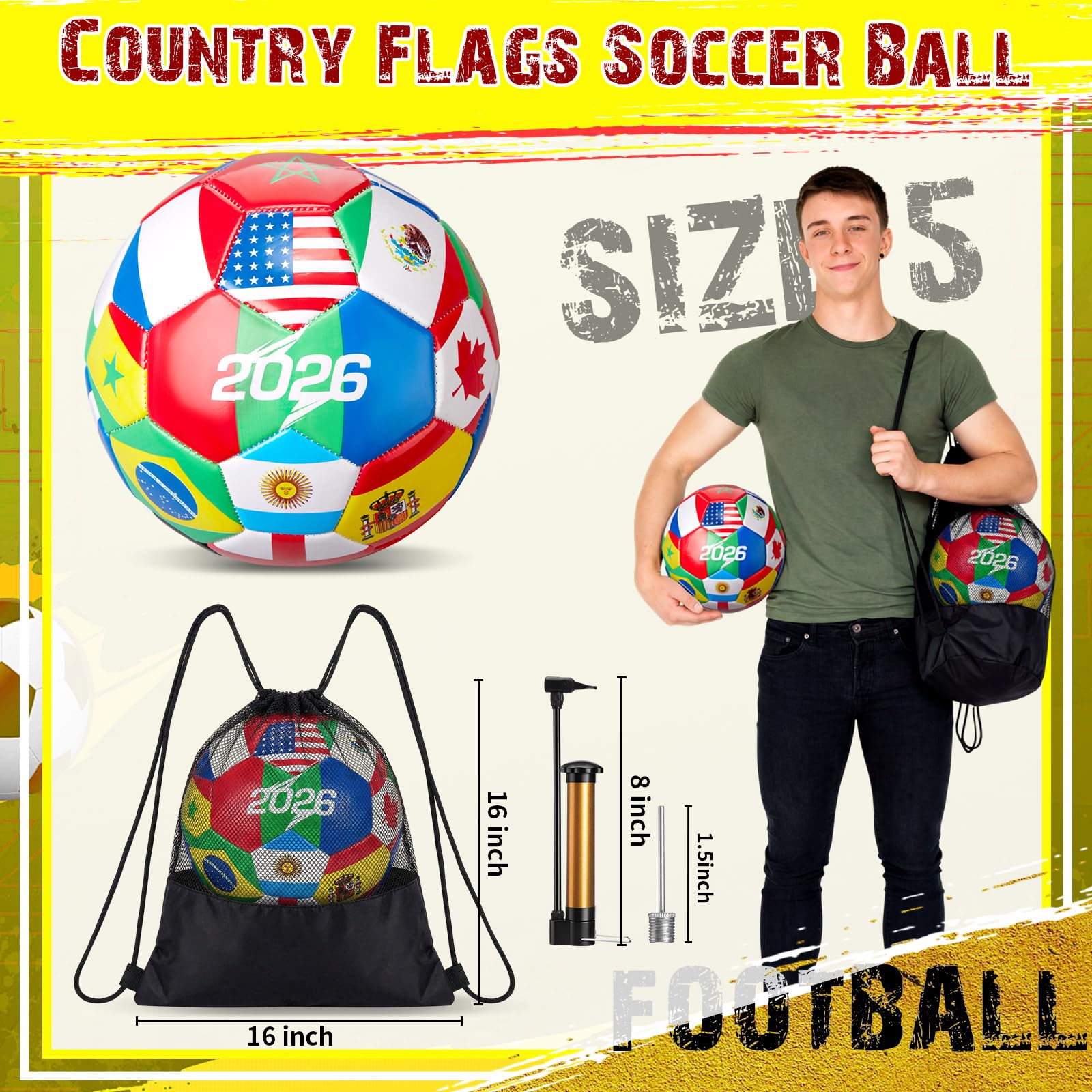 Tellingyou World Flag Soccer Ball Country Flags Training Ball 2026 International Multi Country Design with Pump Needle and Storage Bag for Team Practice Club Games Soccer Fan Gifts - 3