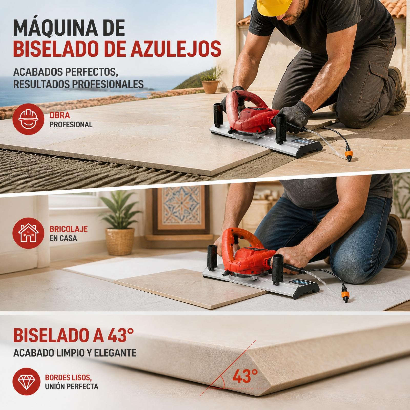 Cortador de azulejos de 1200 W, cortador de azulejos eléctrico, biselado estándar de 43 grados, 13000 r/min, 3,8 m de largo tubo de agua para una amplia gama de azulejos y es una herramienta
