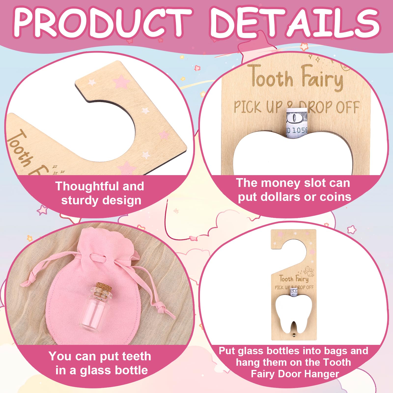 Aoesuny Tooth Fairy Door Hanger Tooth Holder Bag with Velvet Pouch Baby Teeth Keepsake Container Encourage Gift for Lost Milk Teeth - Image 3
