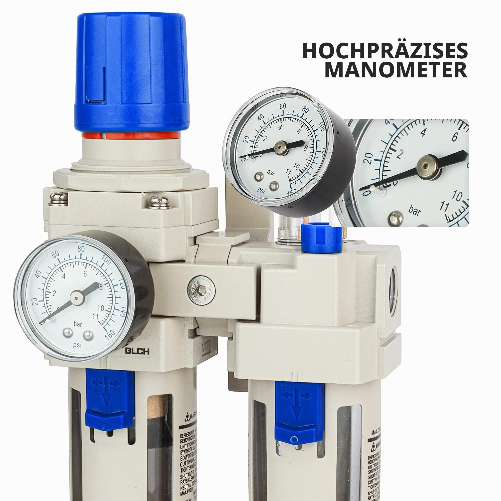BLCH 3/8" BSP Kompressor-Wasserabscheider - FRL-Kombigerät AC3010-03 mit halbautomat. Ablass, lebensmittelechtem Polycarbonat-Behälter, Manometer (0-160 PSI/11 bar) & 5μm Messing-Filter.