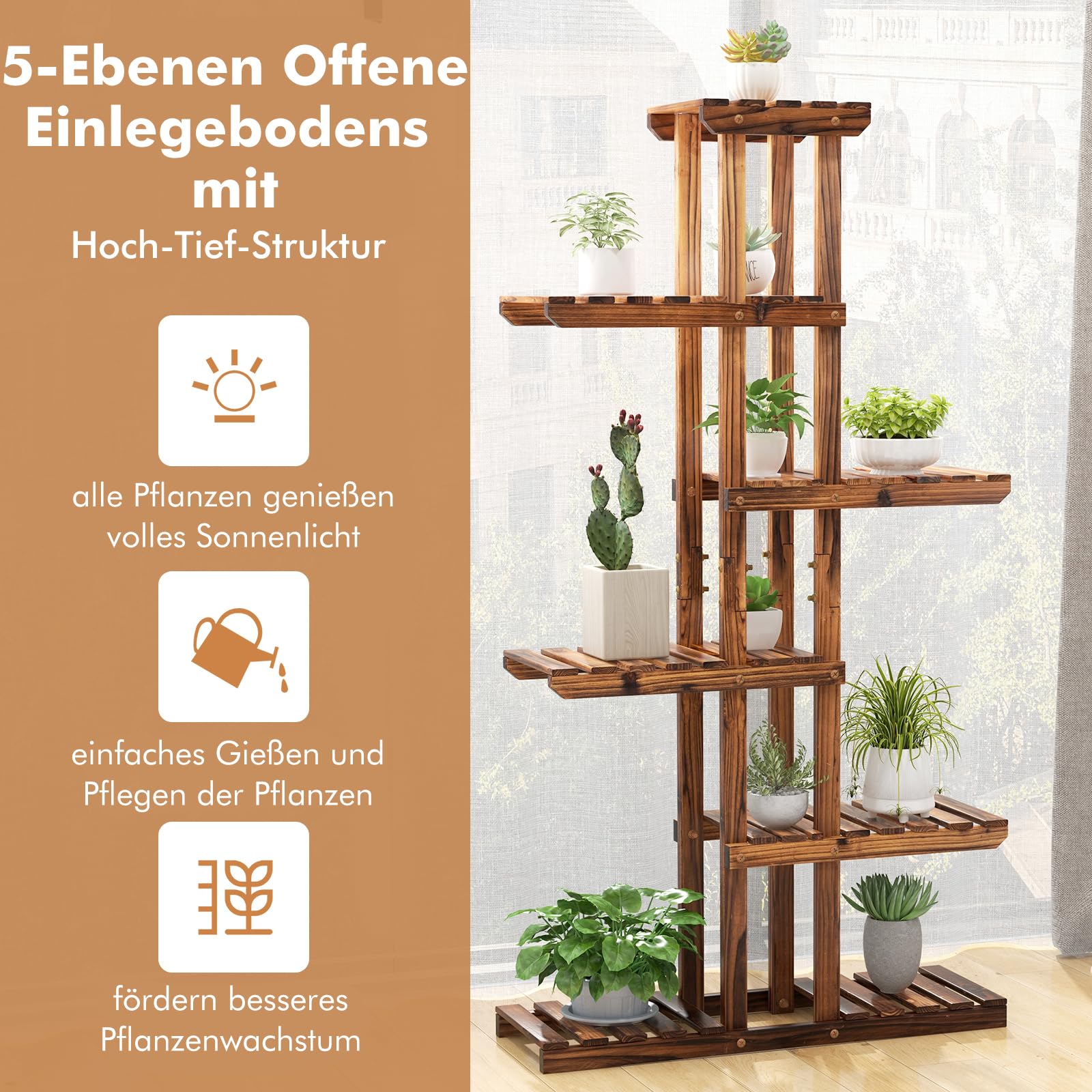 RELAX4LIFE Blumenständer Holz, Pflanzenständer 6 Ebenen, freisthendes Pflanzenregal für Wohnzimmer & Balkon & Garten, Blumenregal mit karbonisierter Textur, bis zu 60 kg belastbar (75 x 25 x 140 cm)