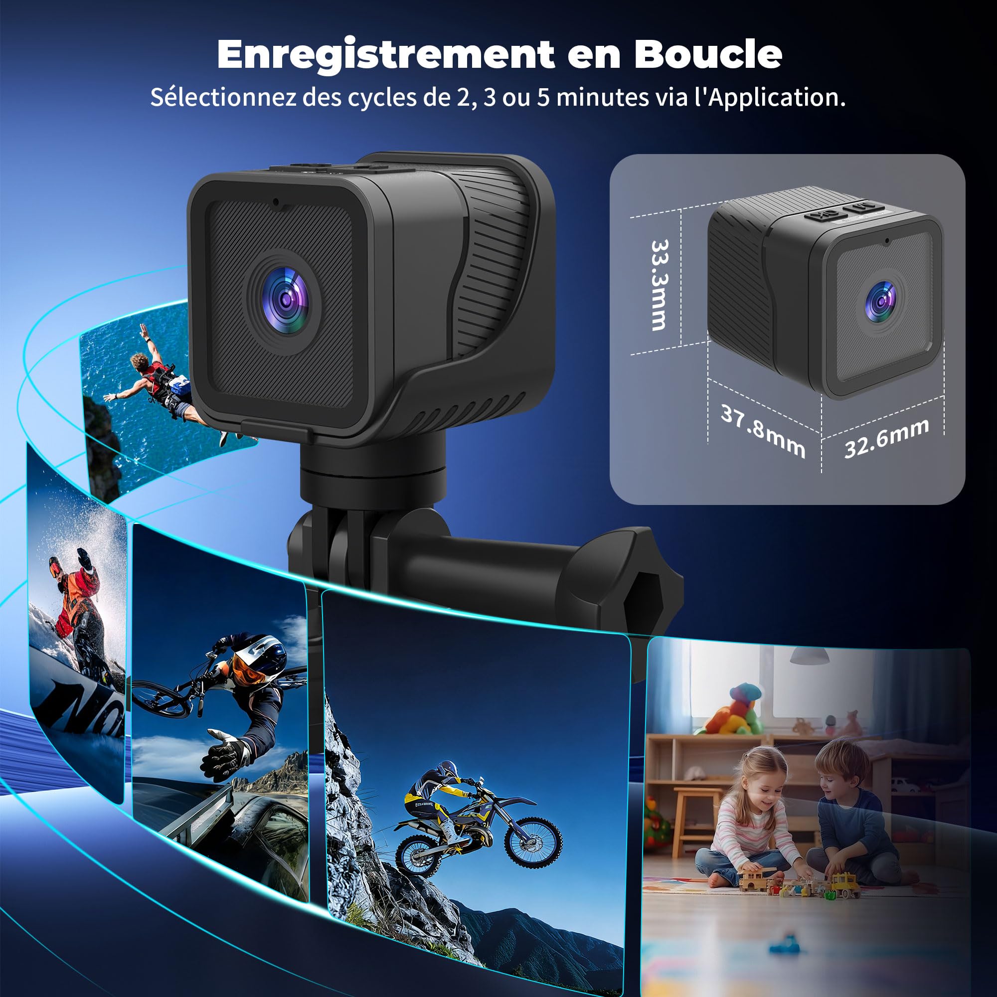 Caméra Sport 1080P WiFi, Camera de Sport, Dashcam Moto