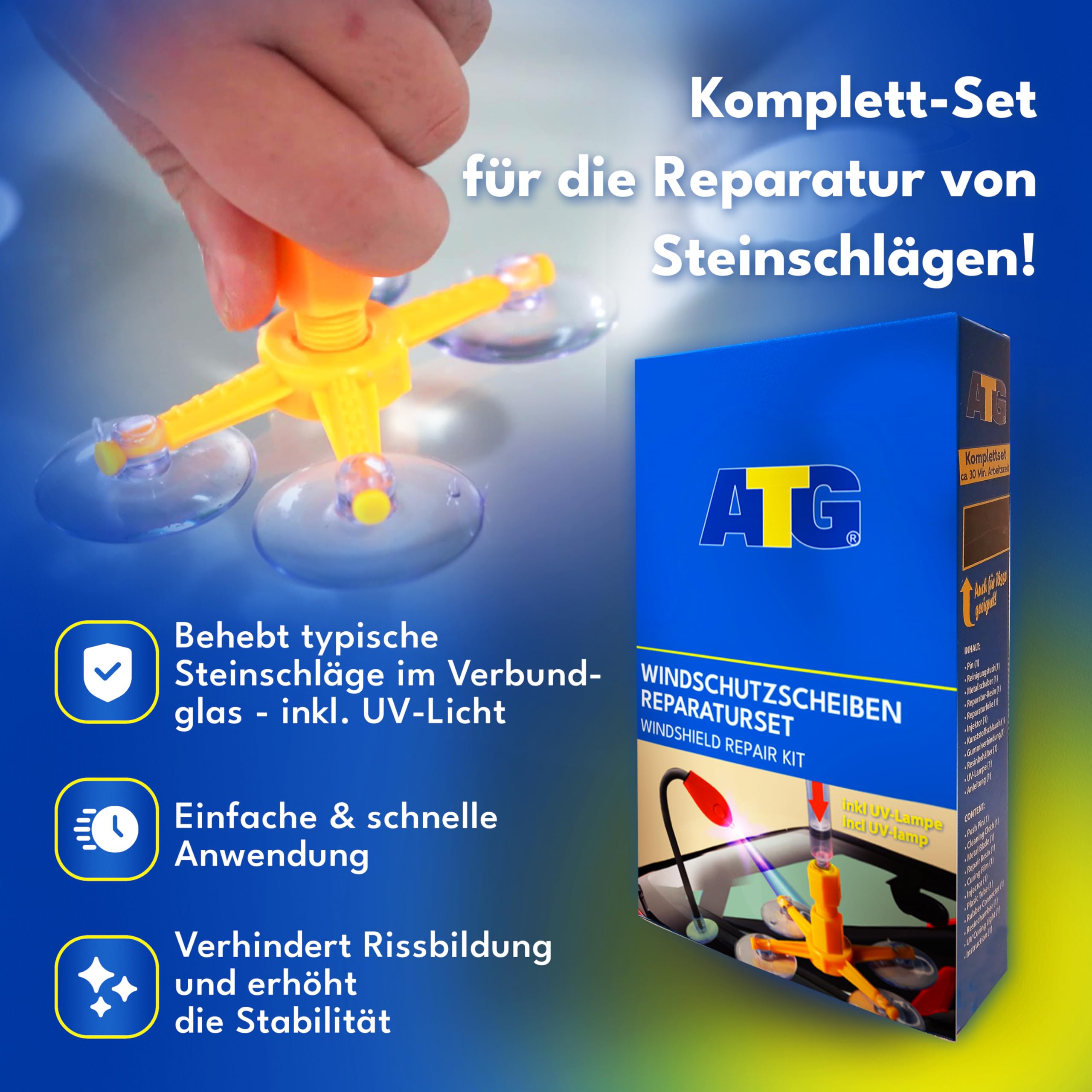 ATG® Kit riparazione parabrezza auto con lampada UV – Kit riparazione vetro auto per crepe e scheggiature | Resina riparazione parabrezza | Polimerizzazione rapida senza sole