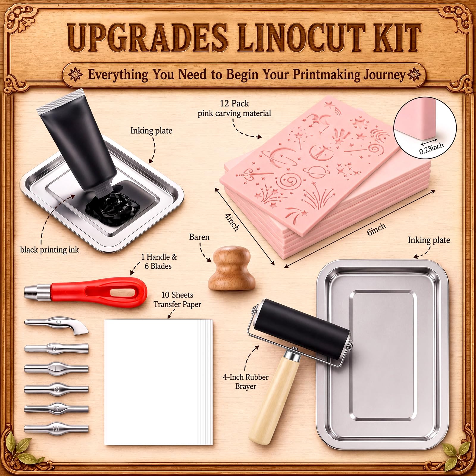 Qeeenar 97-teiliges Linolschnitt-Set für Druckherstellung, Stempelherstellung, Starter-Set mit 12 weichen rosa Gummi-Schnitzblöcken, Linoleumschneider, Werkzeuge, Brayer-Roller, schwarze Tinte und