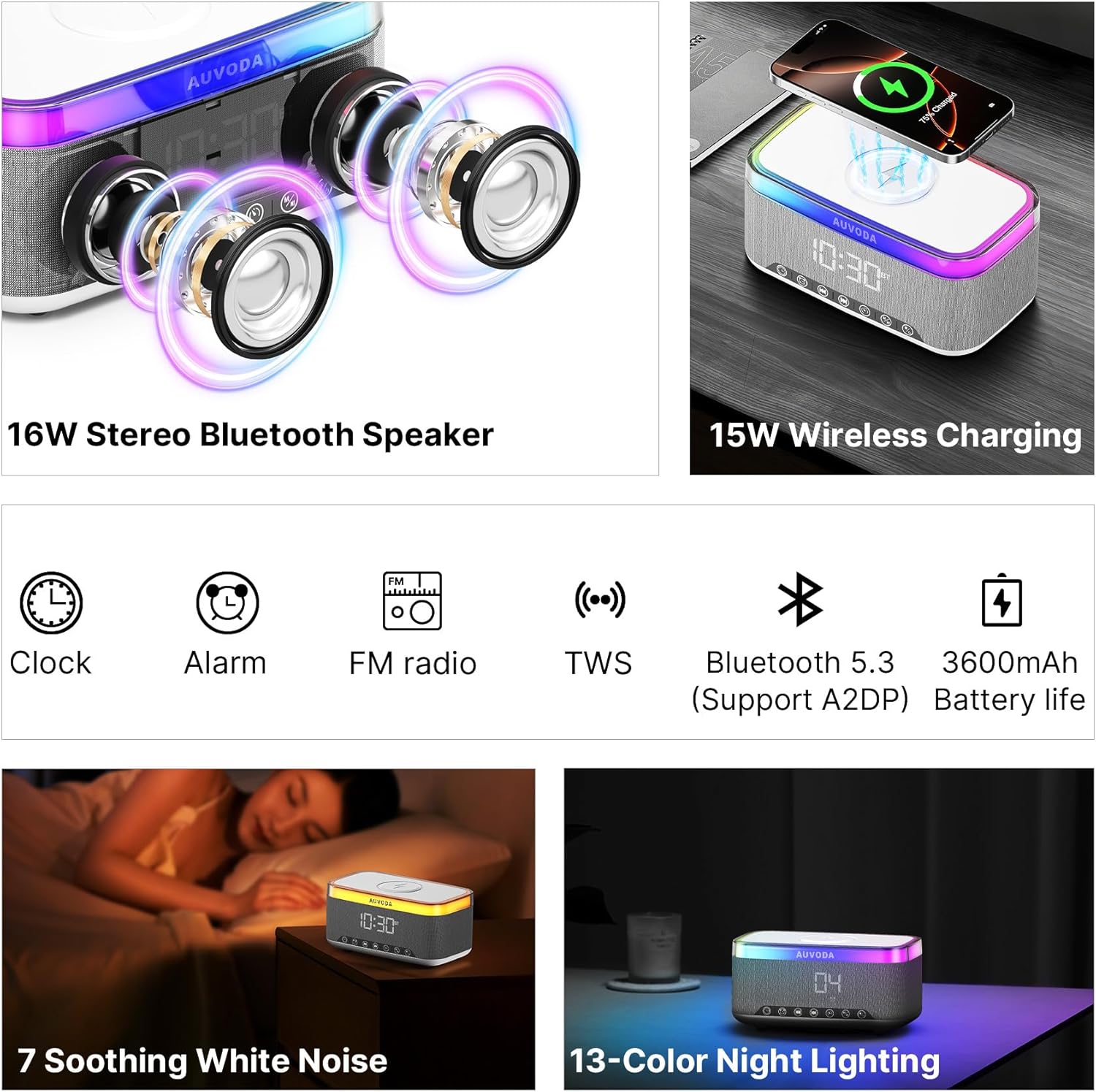 S300 16W Stereo Portable Bluetooth Speaker with 15W Fast Wireless Charging, 13-Color Dimmable Night Light, White Noise, Alarm, FM Radio, BT5.3, TWS, for Home, Office, Bedroom (White) 3 81y2pX3XqPL. AC SL1500