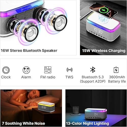 Miniatura 2 de S300 Altavoz Bluetooth portátil estéreo de 16 W con carga inalámbrica rápida de 15 W, luz nocturna regulable de 13 colores, ruido blanco, alarma,