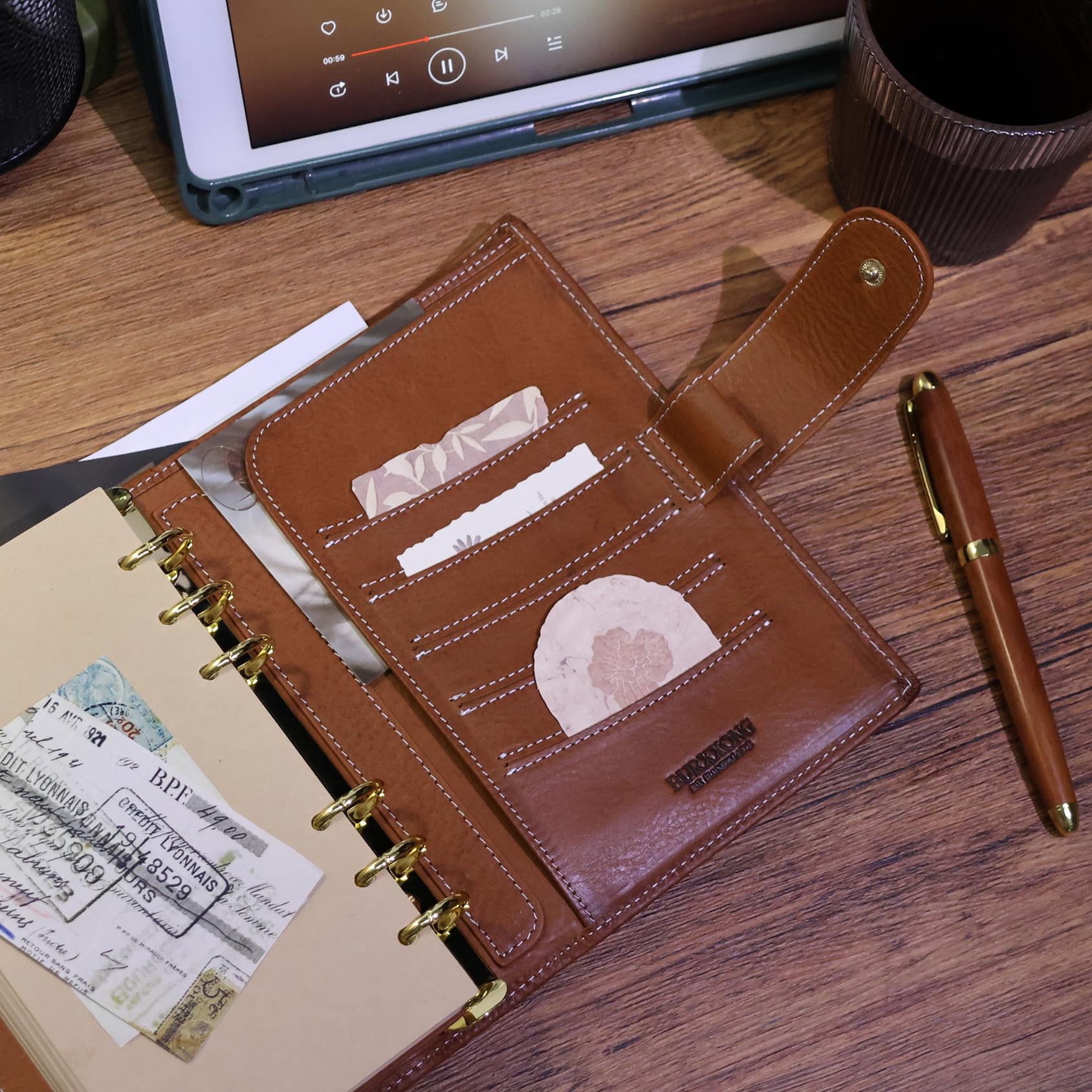 Minerva - Organizador personal tamaño A6 XL de piel auténtica, cuaderno de diario de anillas de estalogía, cuaderno de bolsillo con carpeta de 25 mm (marrón coñac)