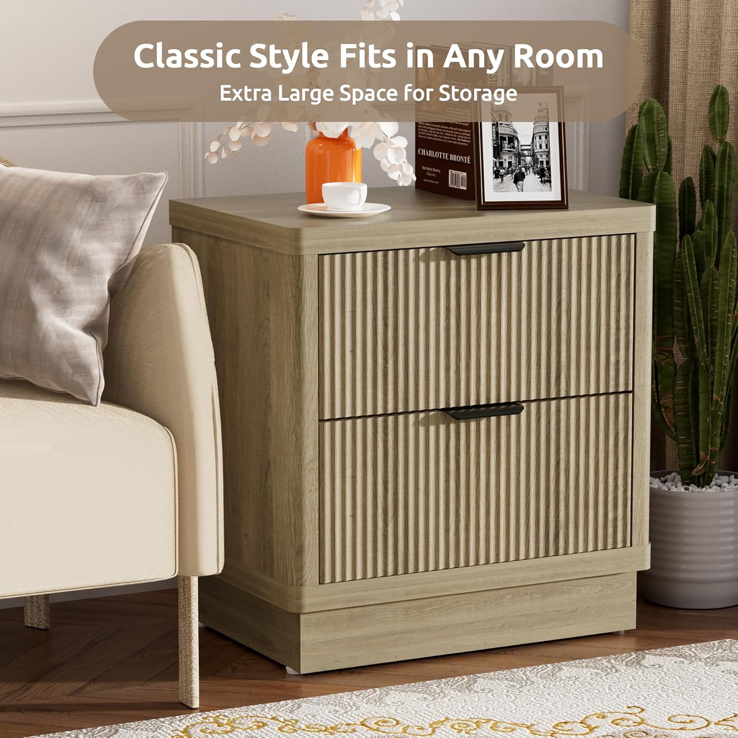 24 inch Tall Nightstand, Farmhouse End Table with 2 Deep Drawers Bed Side Table, Large Chest of Drawers Fluted Design for Living Room Bedroom Storage, Oak
