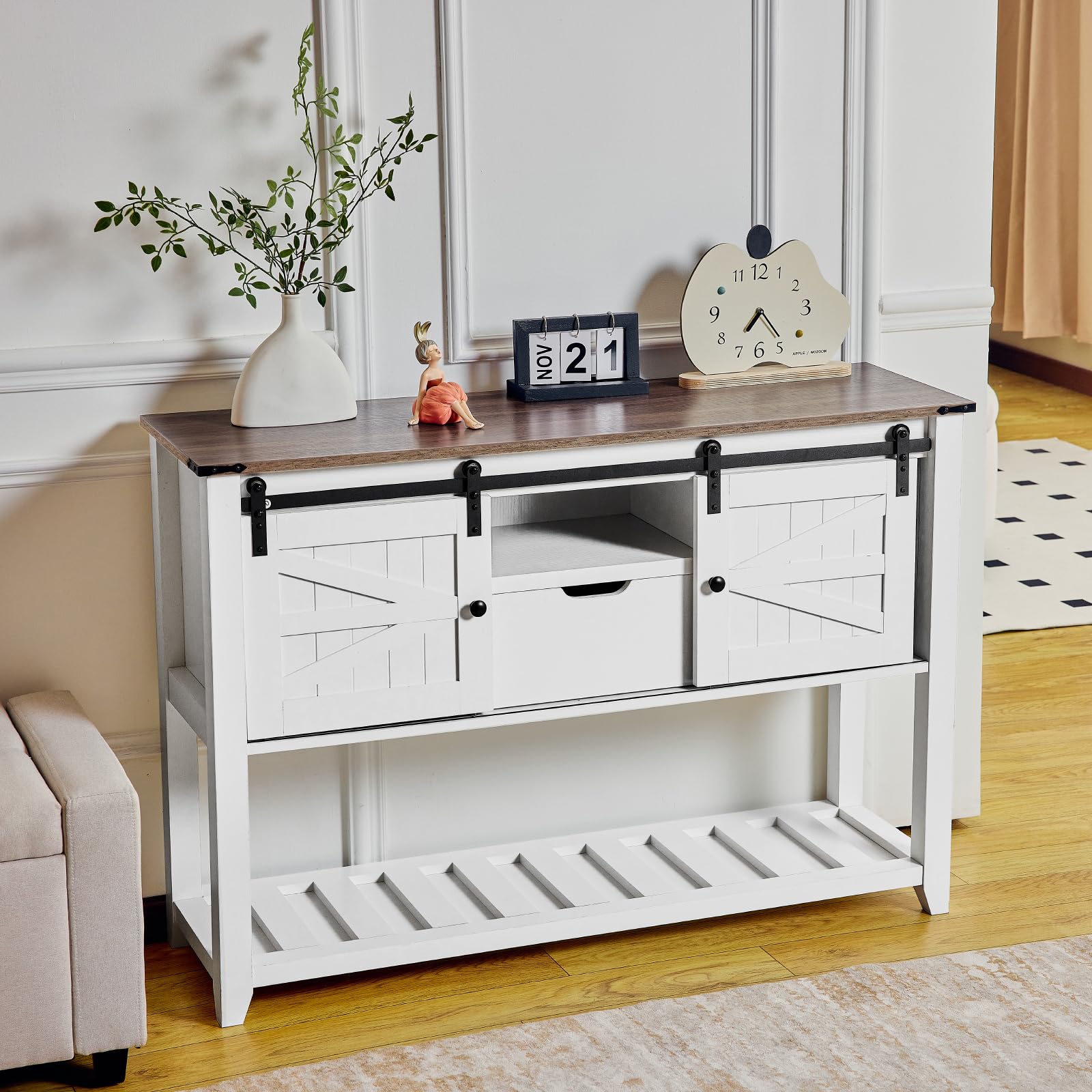 Roomark Mesa de entrada con puertas correderas, 116 x 35 x 81 cm, mesa consola de estilo rústico con estante de almacenamiento, mesa de sofá rústica detrás del sofá para pasillo, entrada, salón,