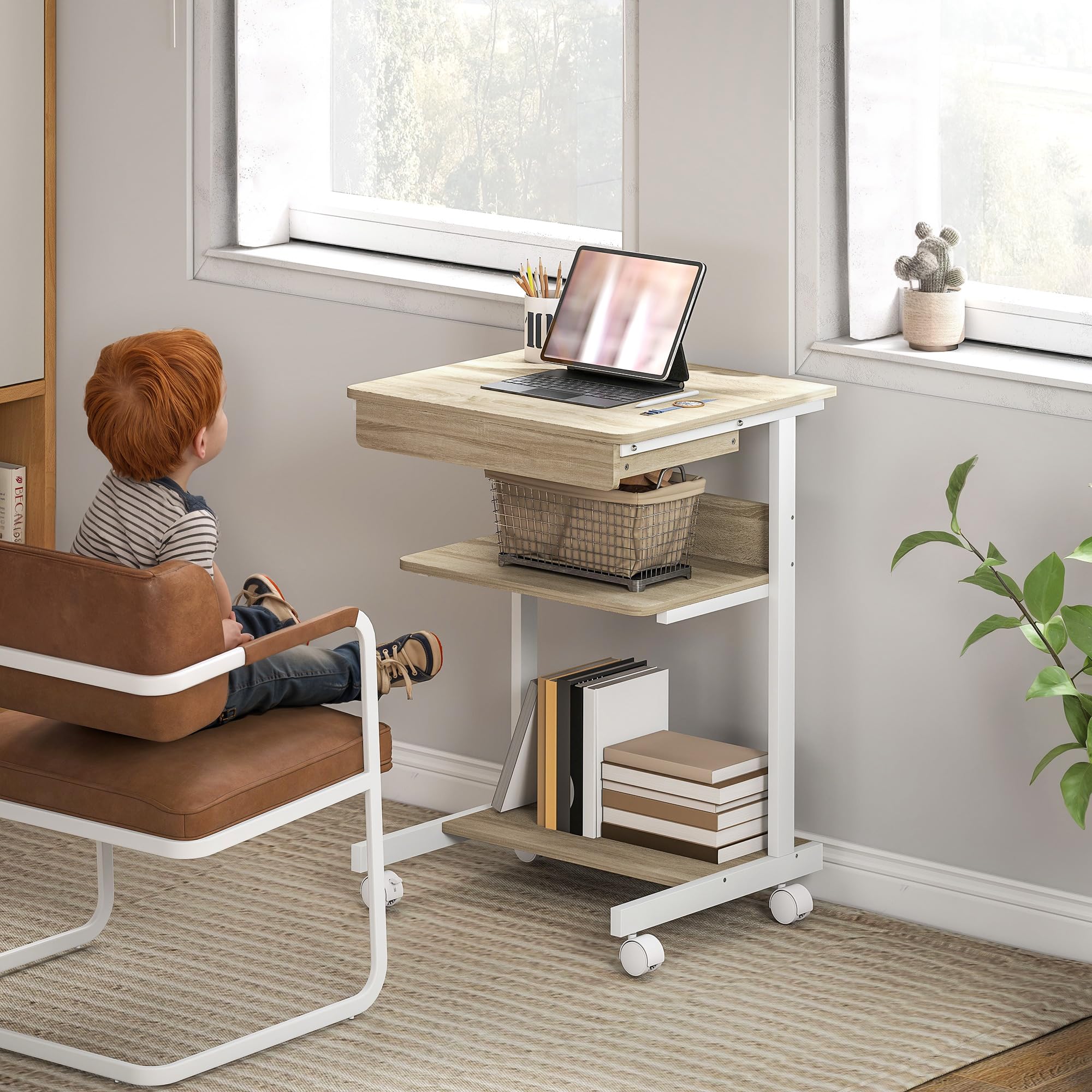 HOMCOM Scrivania Tavolo per Computer, Cassetto, 4 Rotelle, 56x51 cm, Rovere | Scrivania da Ufficio, 4 Rotelle, 2 Ripiani Aperti, Postazione di Lavoro con Supporto CPU, per Studio