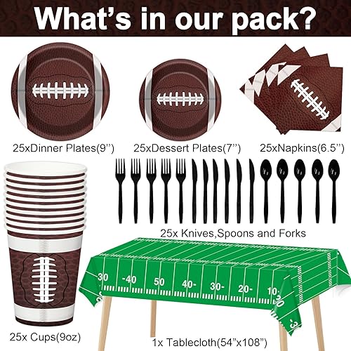 Miniatura 2 de Juego de 184 piezas de suministros para fiestas de fútbol, incluye platos, servilletas, vasos, mantel, remolinos, bandera, kit de vajilla para