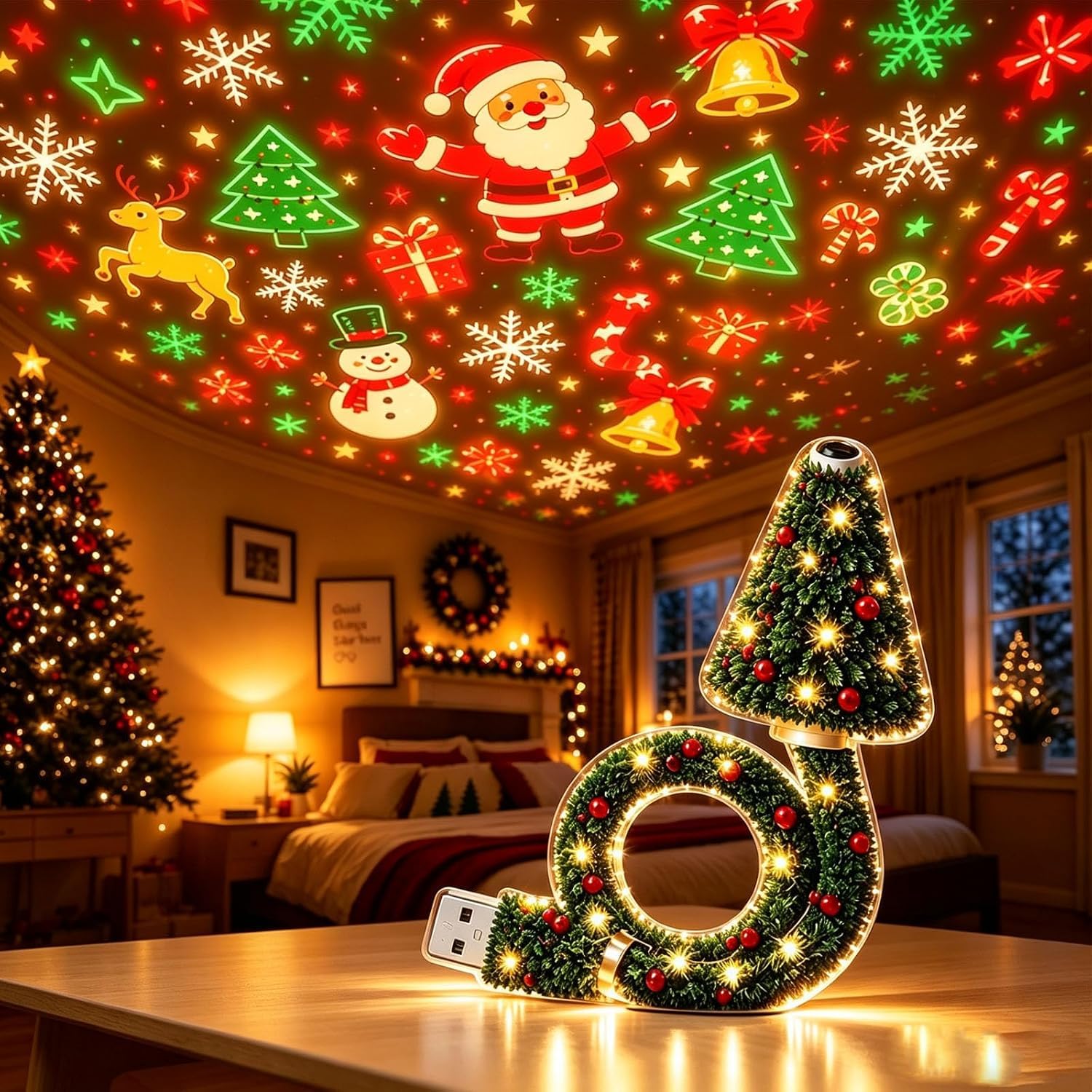 Christmas Projector Indoor, USB Plug and Play Christmas Projector