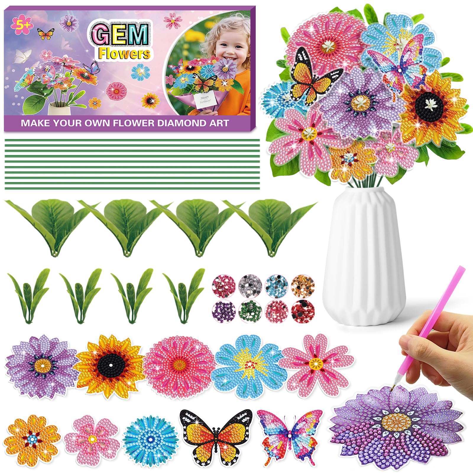 Crafts for Girls 8-12 - Make Your Own GEM Art Flower Bouquet - Arts and Crafts for Kids Ages 8-12 - Diamond Art Kits for Kids - 5D Dimond Art Paintings - DIY Art & Craft Gifts for 4 5 6 7 10 Year Old