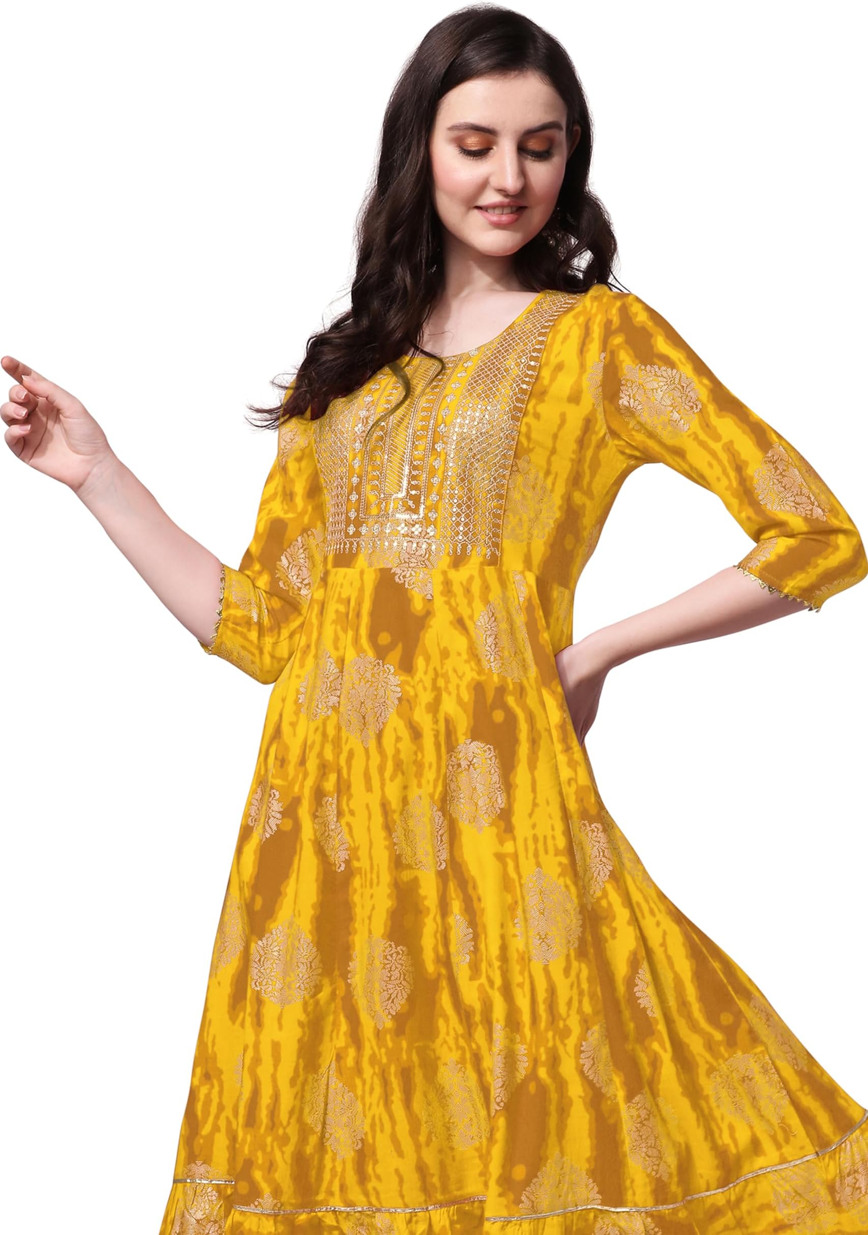 MIRCHI FASHION Women's Cotton Relaxed Fit A Line Sequins Embroidery Work Foil Printed A-Line Kurti Only